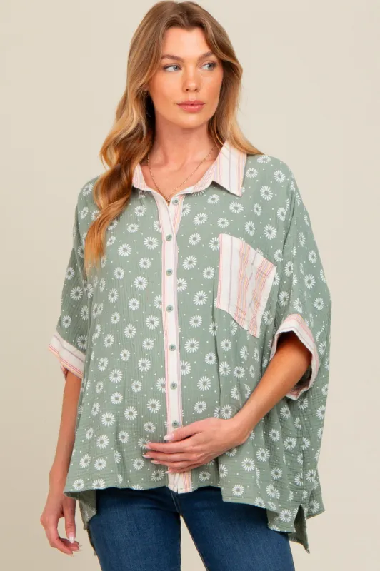 Light Olive Floral Contrast Print Maternity Button Down Top sold by Pinkblush