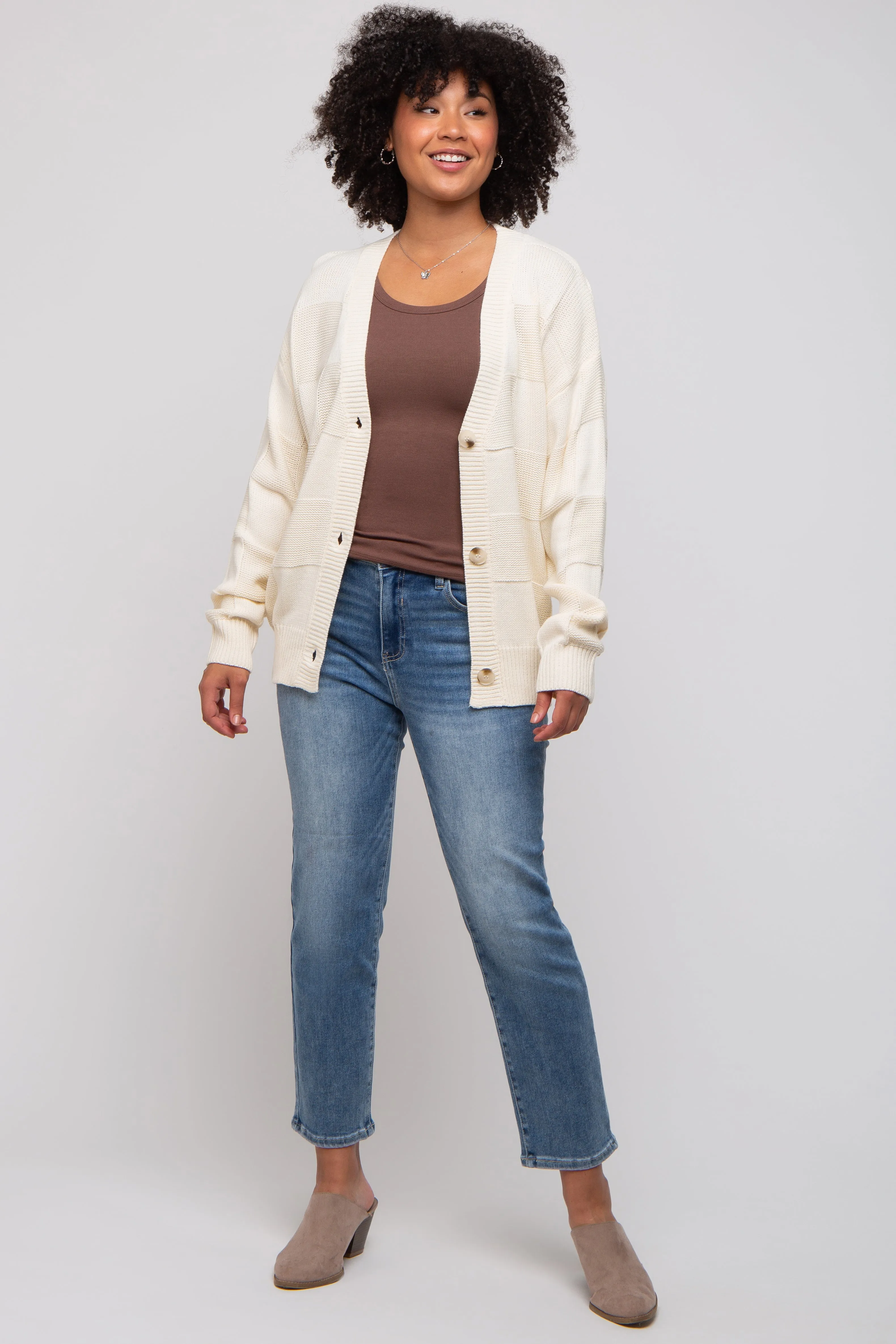 Cream Checkered Knit Button Front Cardigan sold by Pinkblush