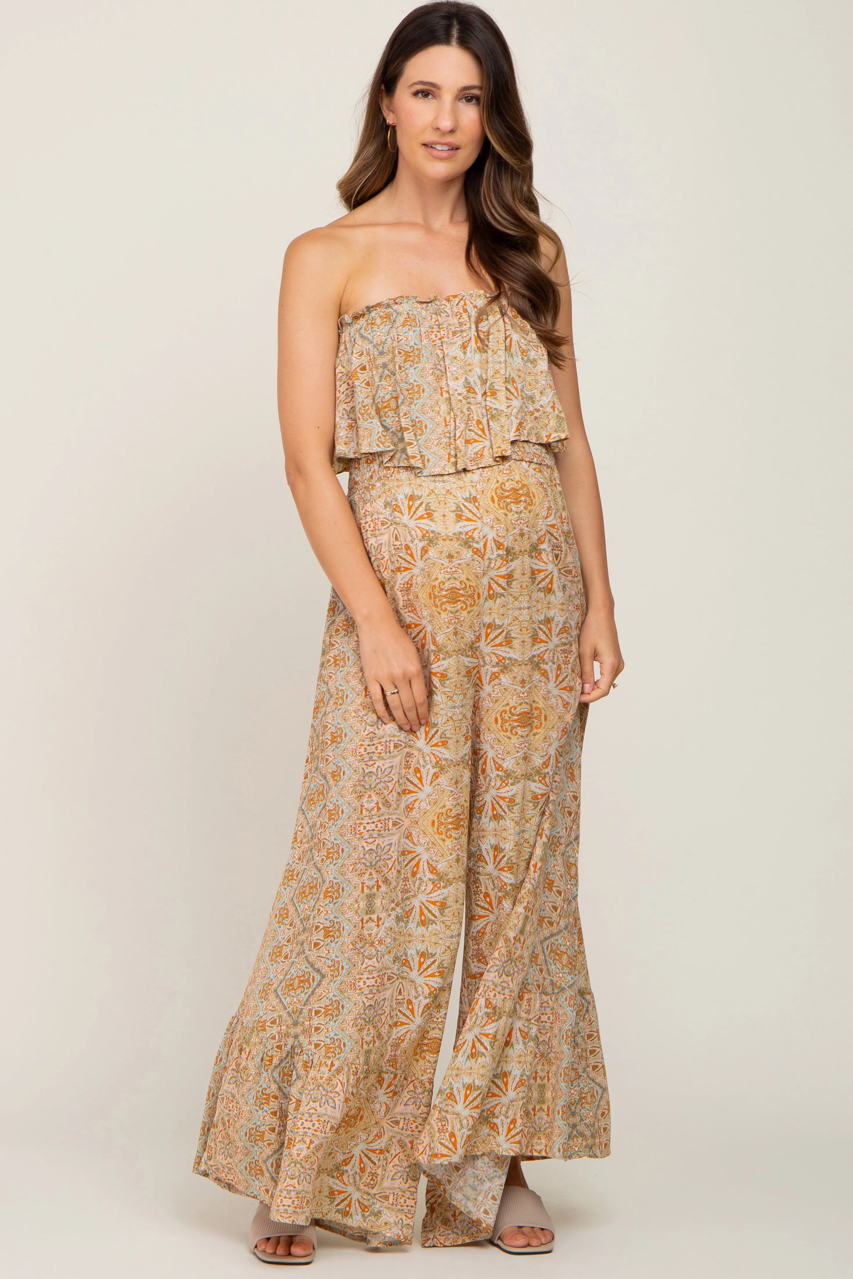 Taupe Floral Sleeveless Wide Leg Maternity Jumpsuit sold by Pinkblush