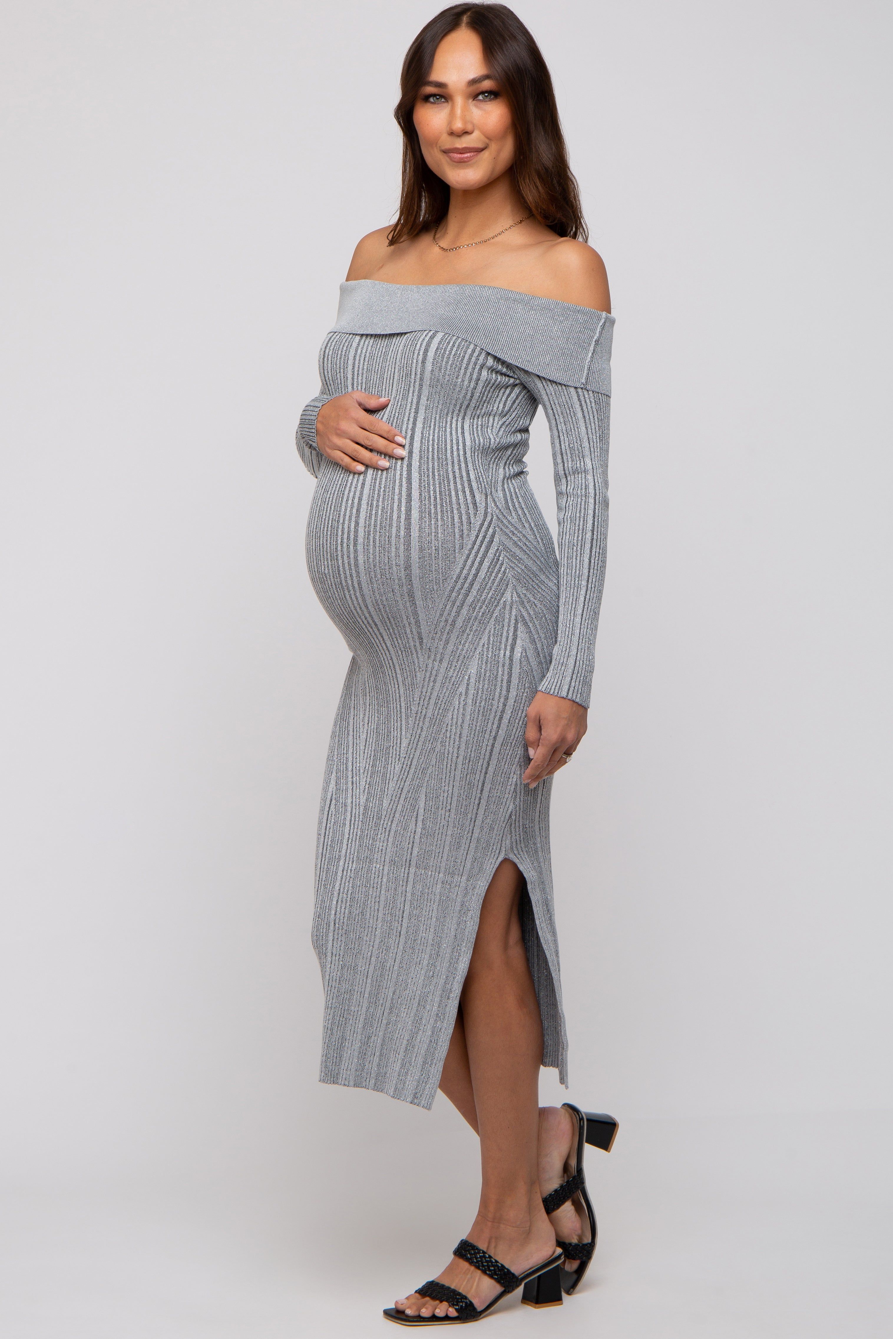 Grey Metallic Ribbed Side Slit Off Shoulder Maternity Midi Dress sold by Pinkblush product image thumbnail 2