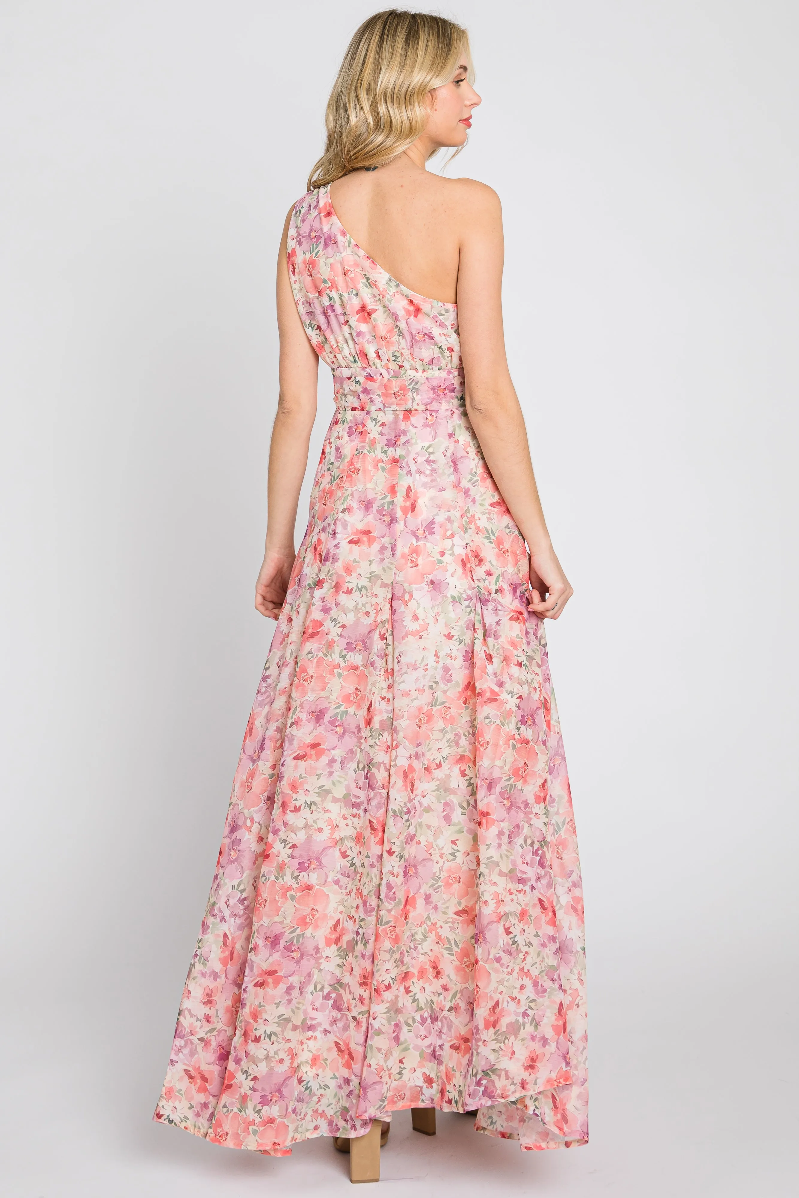 Pink Floral Chiffon One Shoulder Maxi Dress sold by Pinkblush product image thumbnail 4