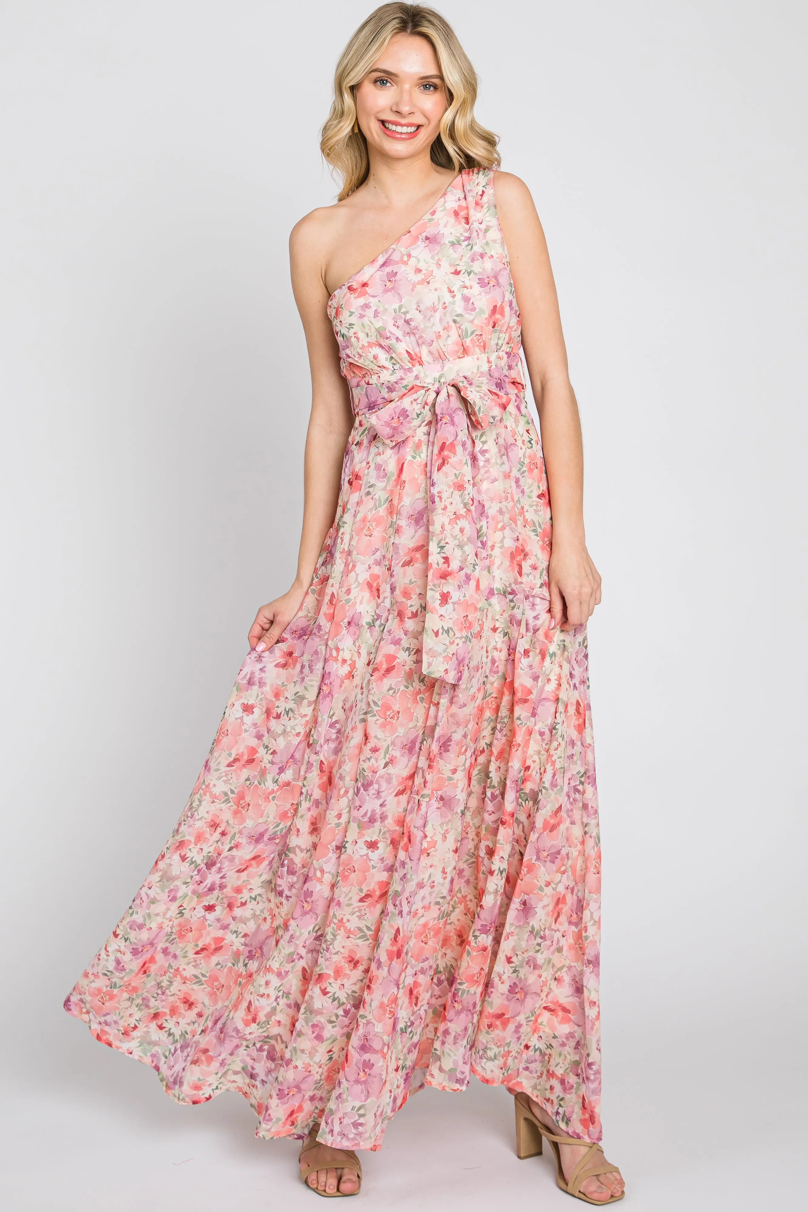 Pink Floral Chiffon One Shoulder Maxi Dress sold by Pinkblush