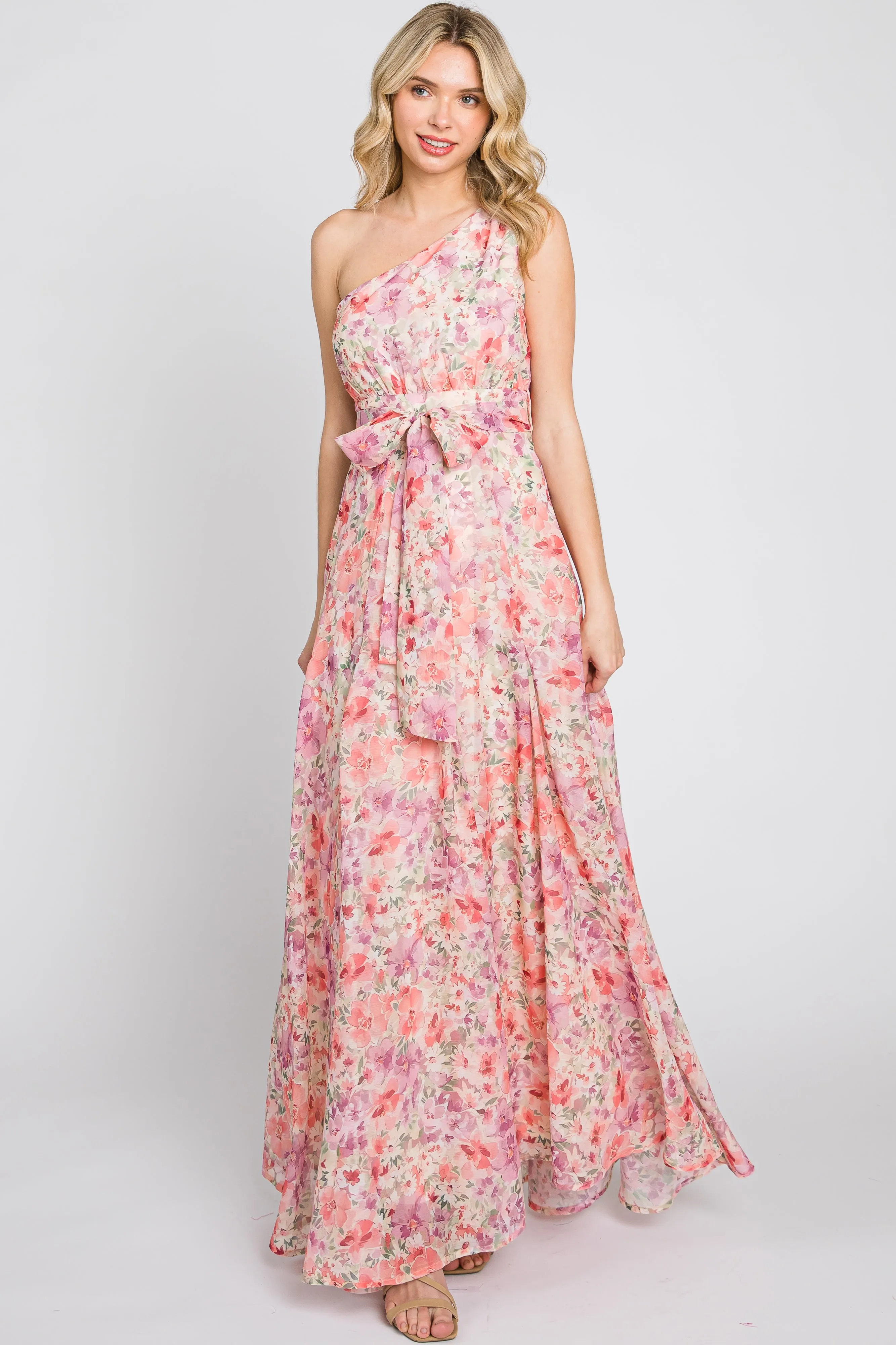 Pink Floral Chiffon One Shoulder Maxi Dress sold by Pinkblush product image thumbnail 2