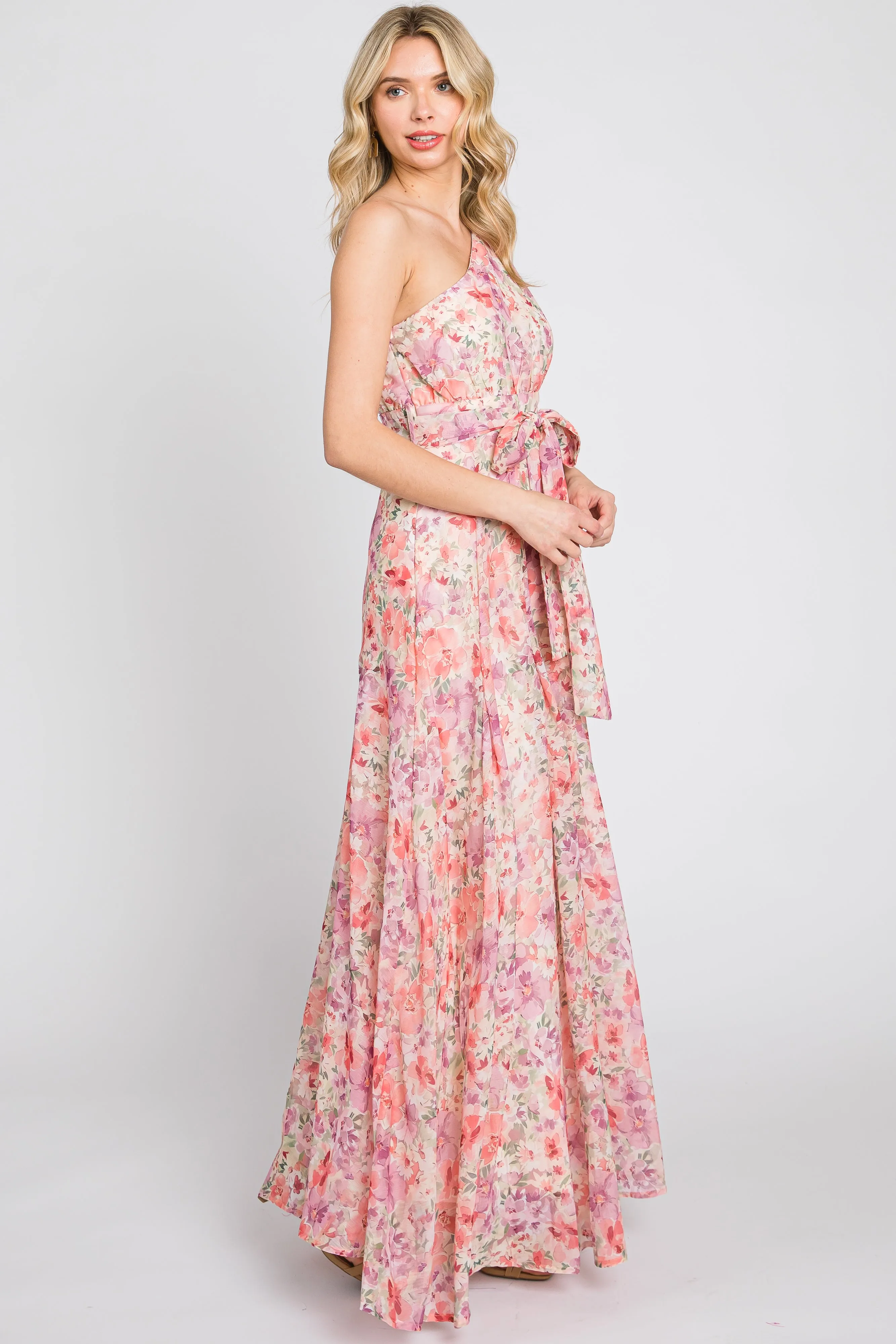 Pink Floral Chiffon One Shoulder Maxi Dress sold by Pinkblush product image thumbnail 3