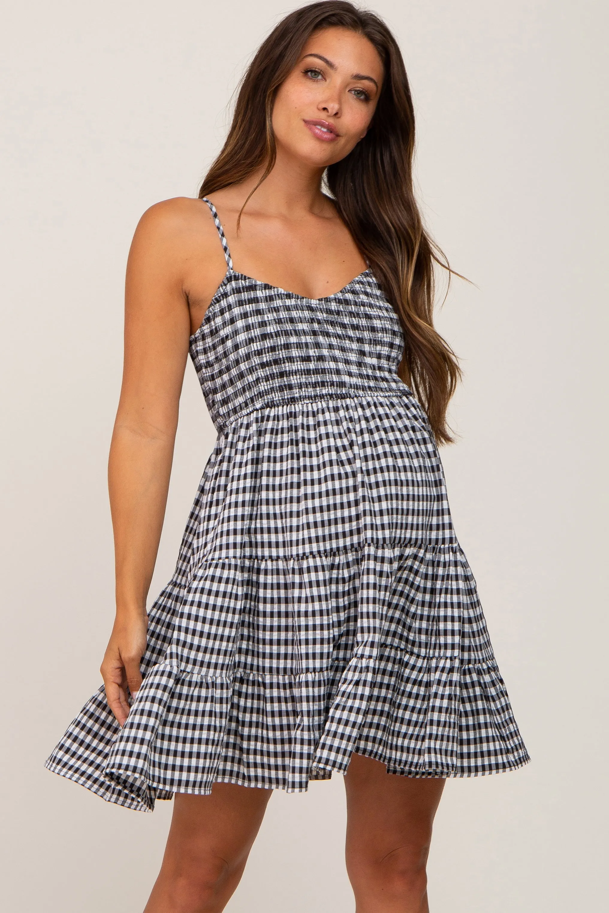Black Gingham Tiered Maternity Dress sold by Pinkblush