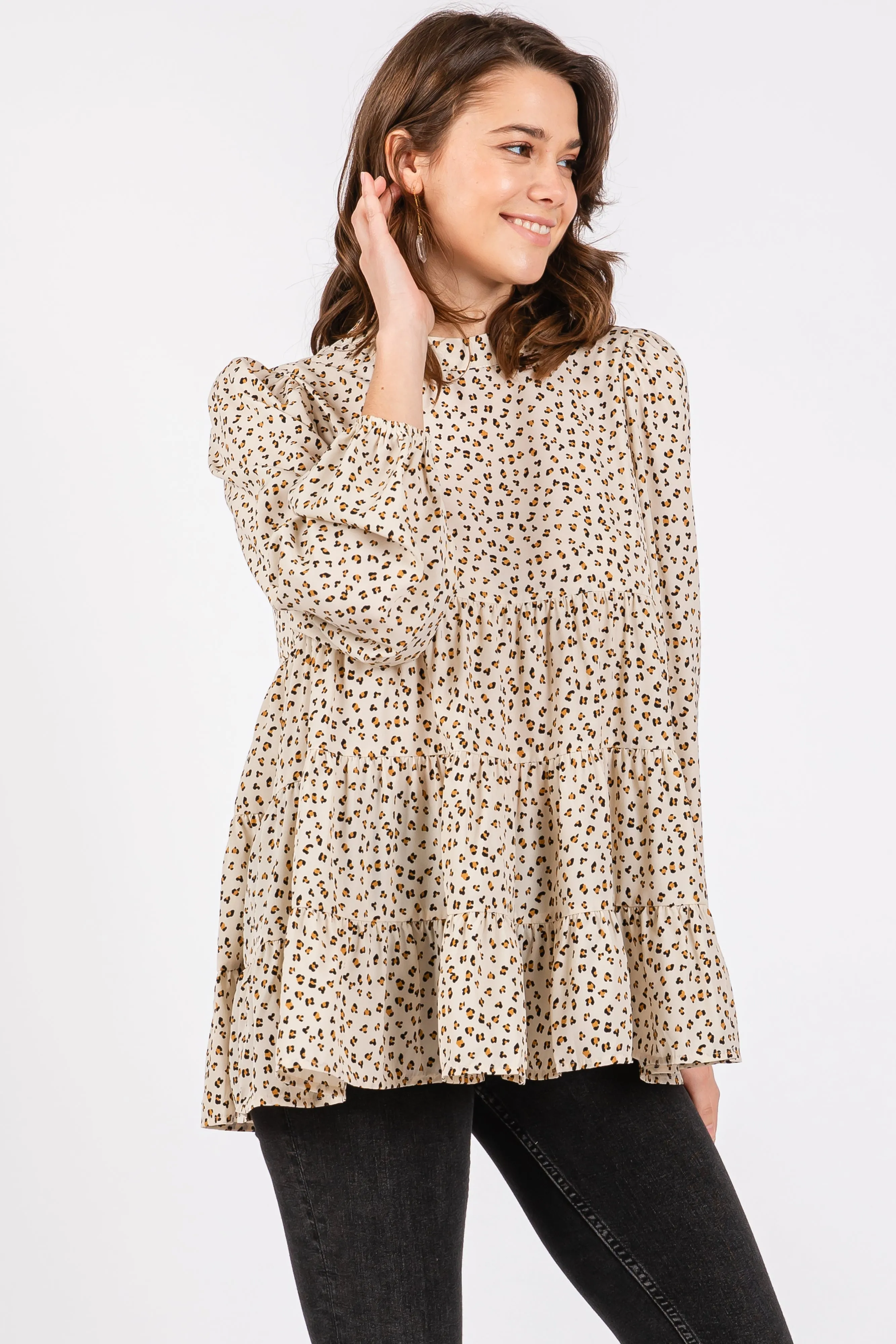 Ivory Animal Print Mock Neck Tiered Maternity Top sold by Pinkblush product image thumbnail 4