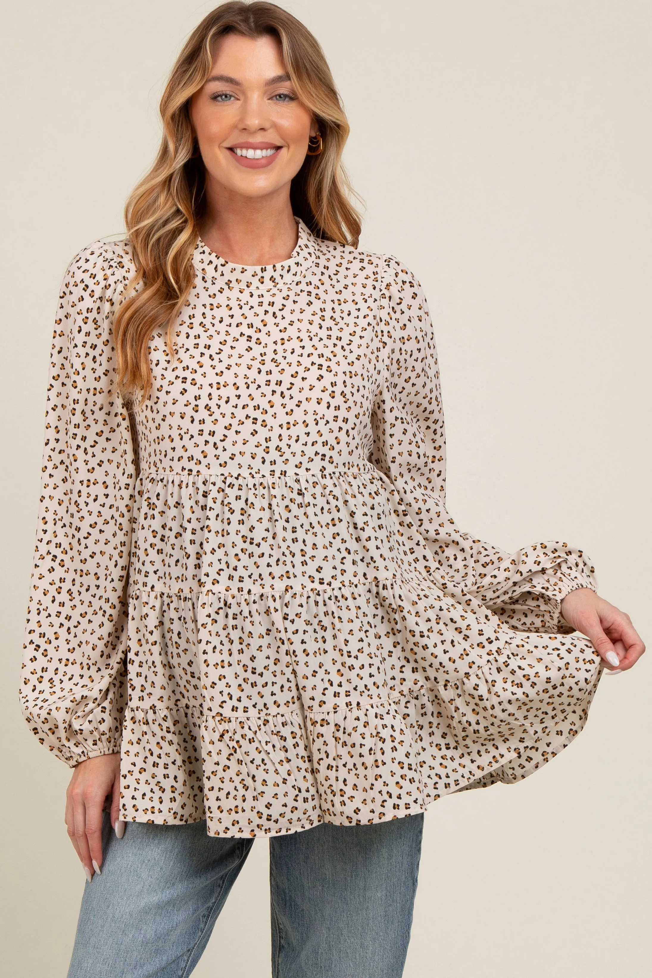 Ivory Animal Print Mock Neck Tiered Maternity Top sold by Pinkblush