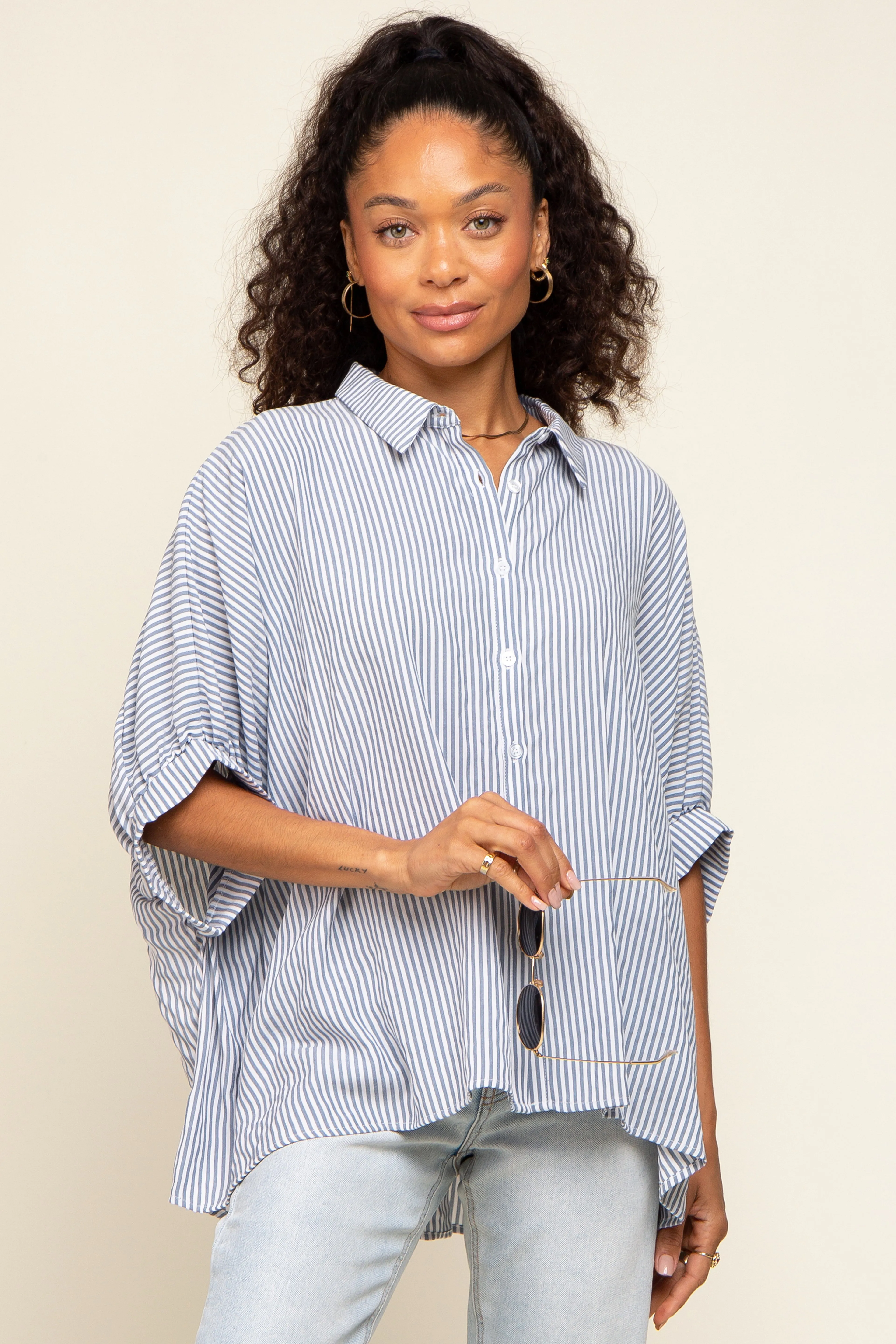 Navy Striped Dolman Button Down Top sold by Pinkblush