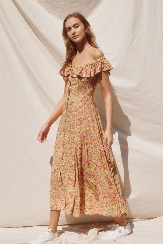 Green Multi Flower Patch Ruffled Chest Midi Dress sold by Pinkblush product image thumbnail 2