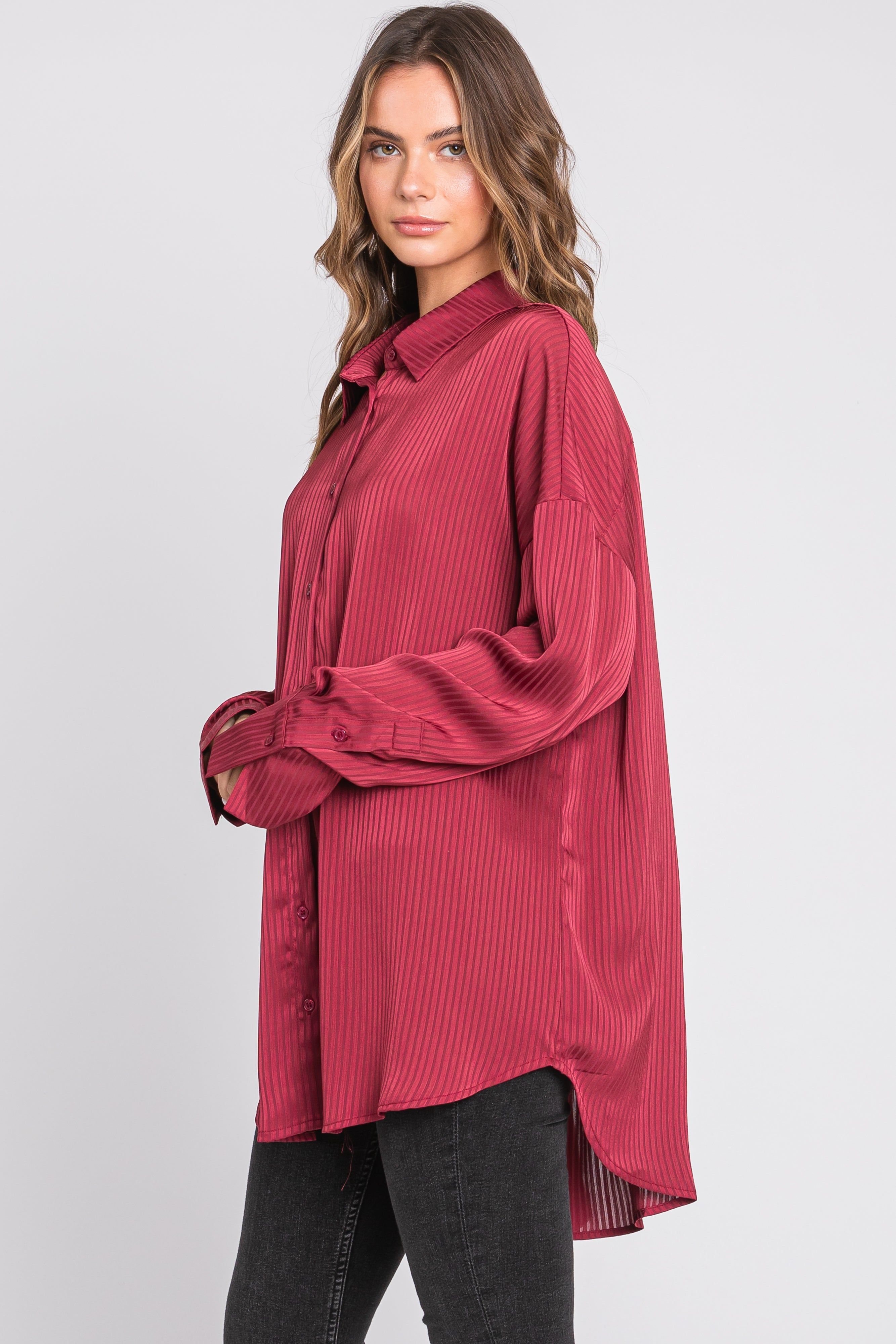 Red Satin Textured Stripe Button Down Top sold by Pinkblush product image thumbnail 2