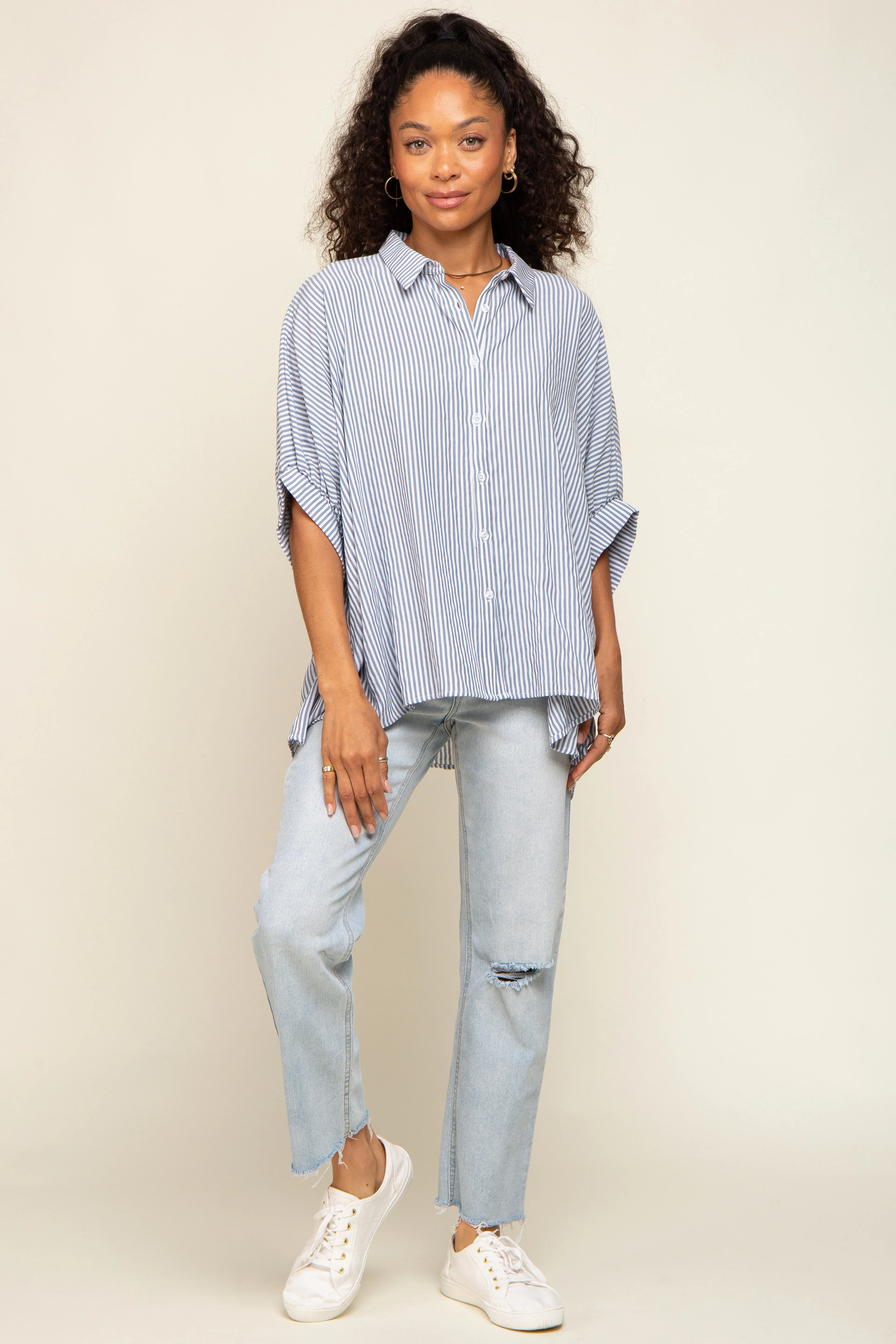 Navy Striped Dolman Button Down Top sold by Pinkblush product image thumbnail 5