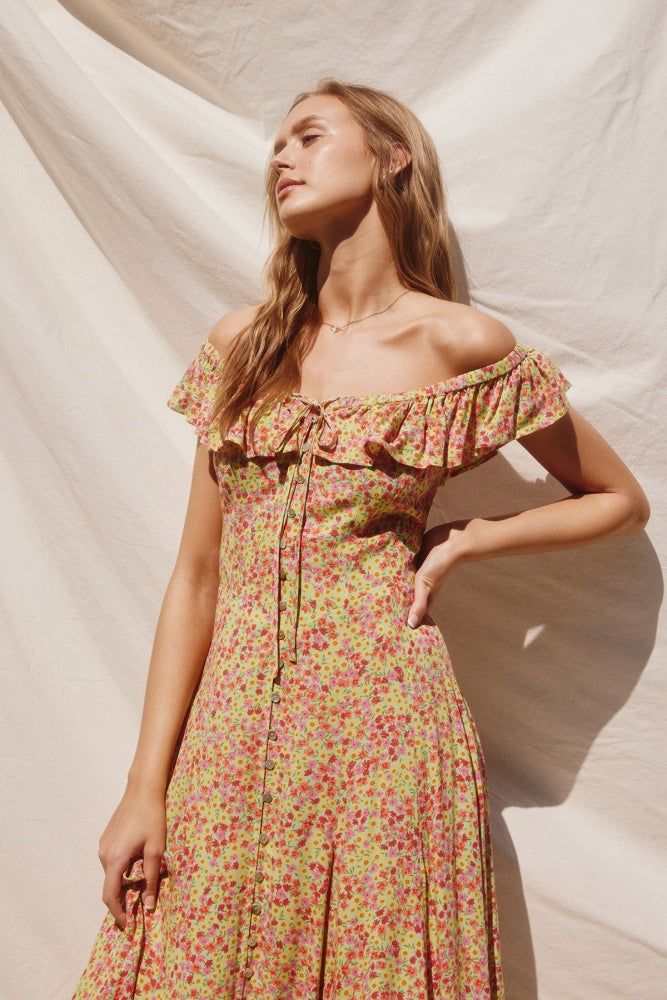 Green Multi Flower Patch Ruffled Chest Midi Dress sold by Pinkblush product image thumbnail 4