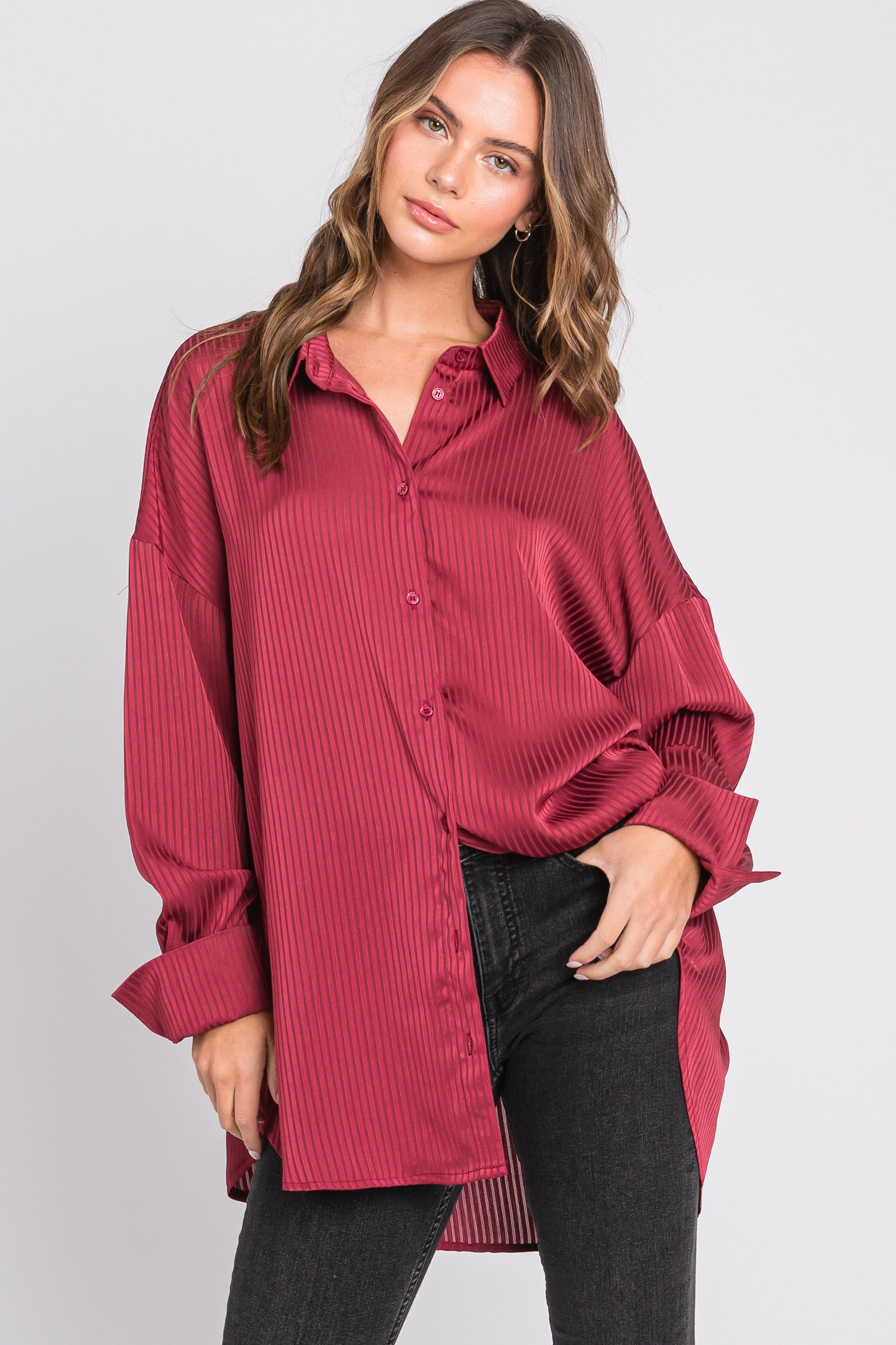 Red Satin Textured Stripe Button Down Top sold by Pinkblush