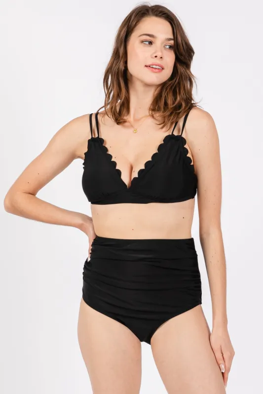 Black Scalloped V-Neck High Waist Two-Piece Swimsuit sold by Pinkblush