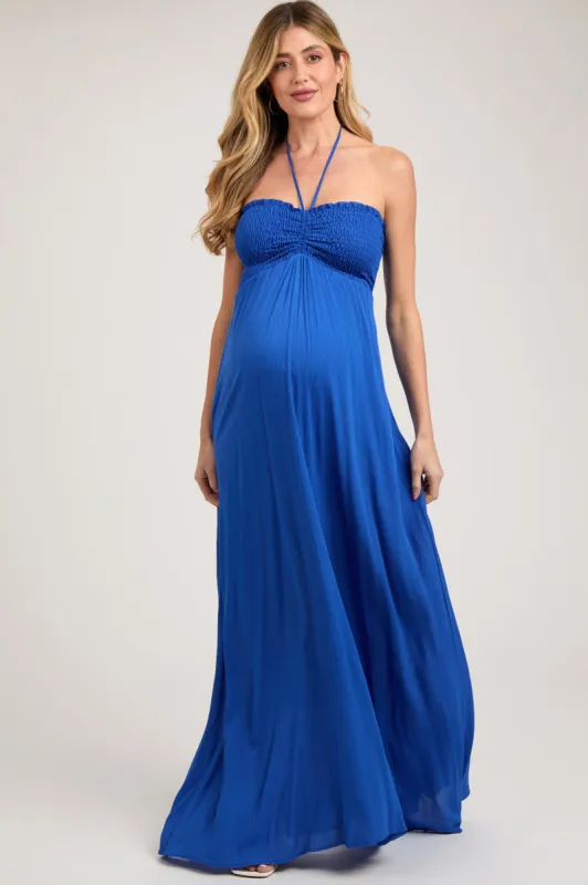 Royal Blue Smocked Halter Maternity Maxi Dress sold by Pinkblush