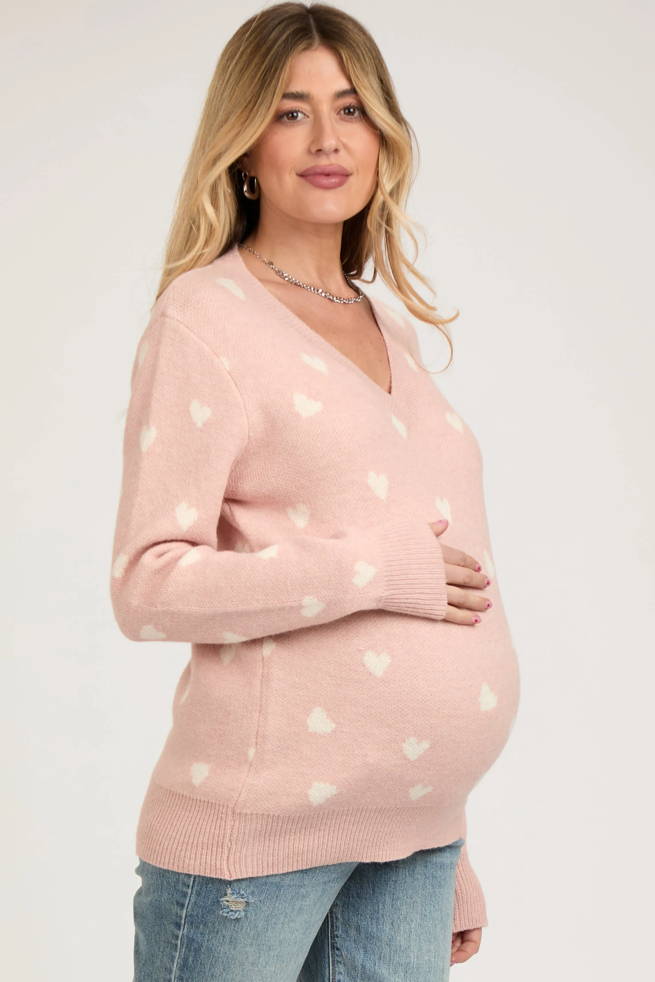 Light Pink Heart Print Knit Maternity Sweater sold by Pinkblush product image thumbnail 3