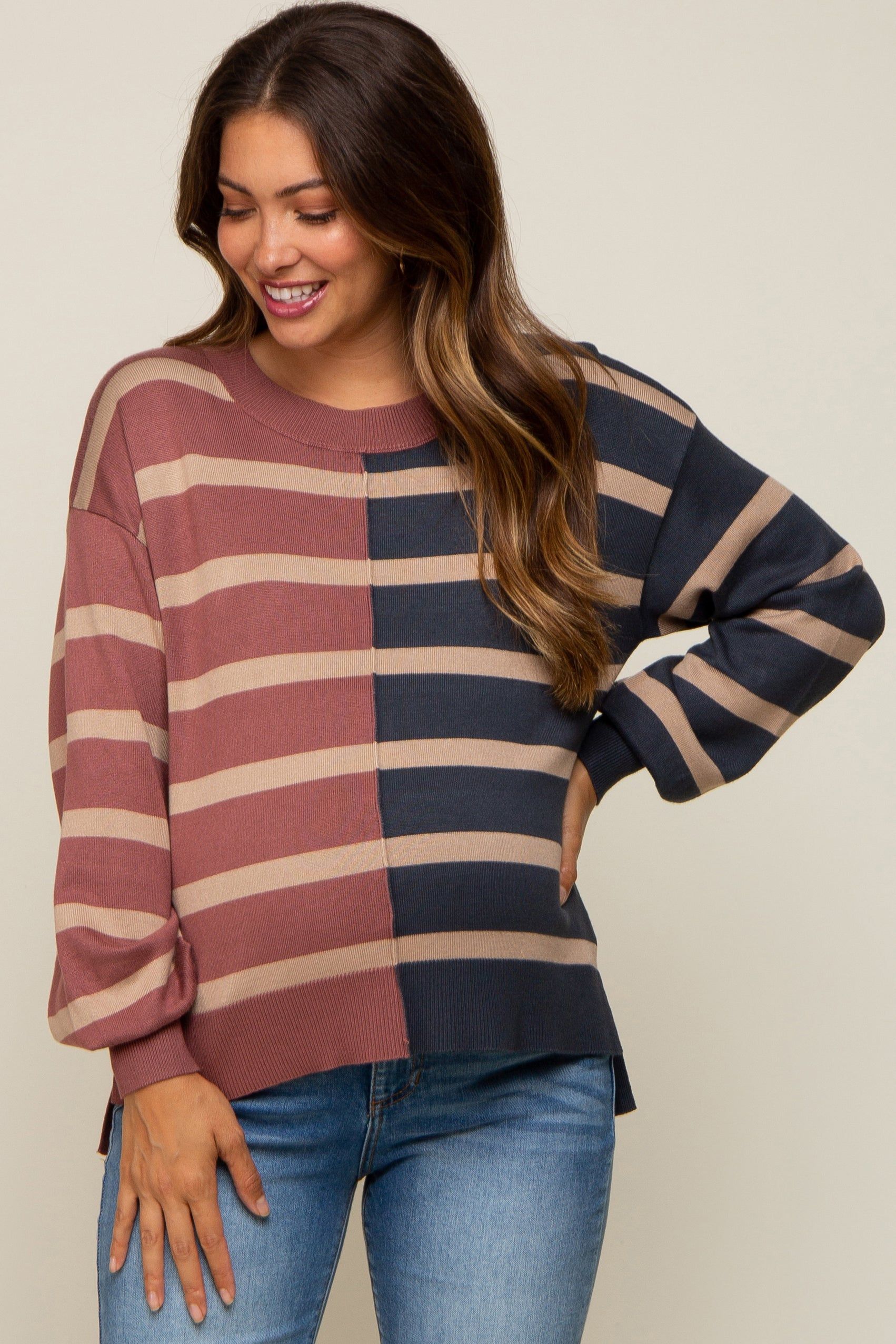 Mauve Striped Colorblock Maternity Knit Top sold by Pinkblush