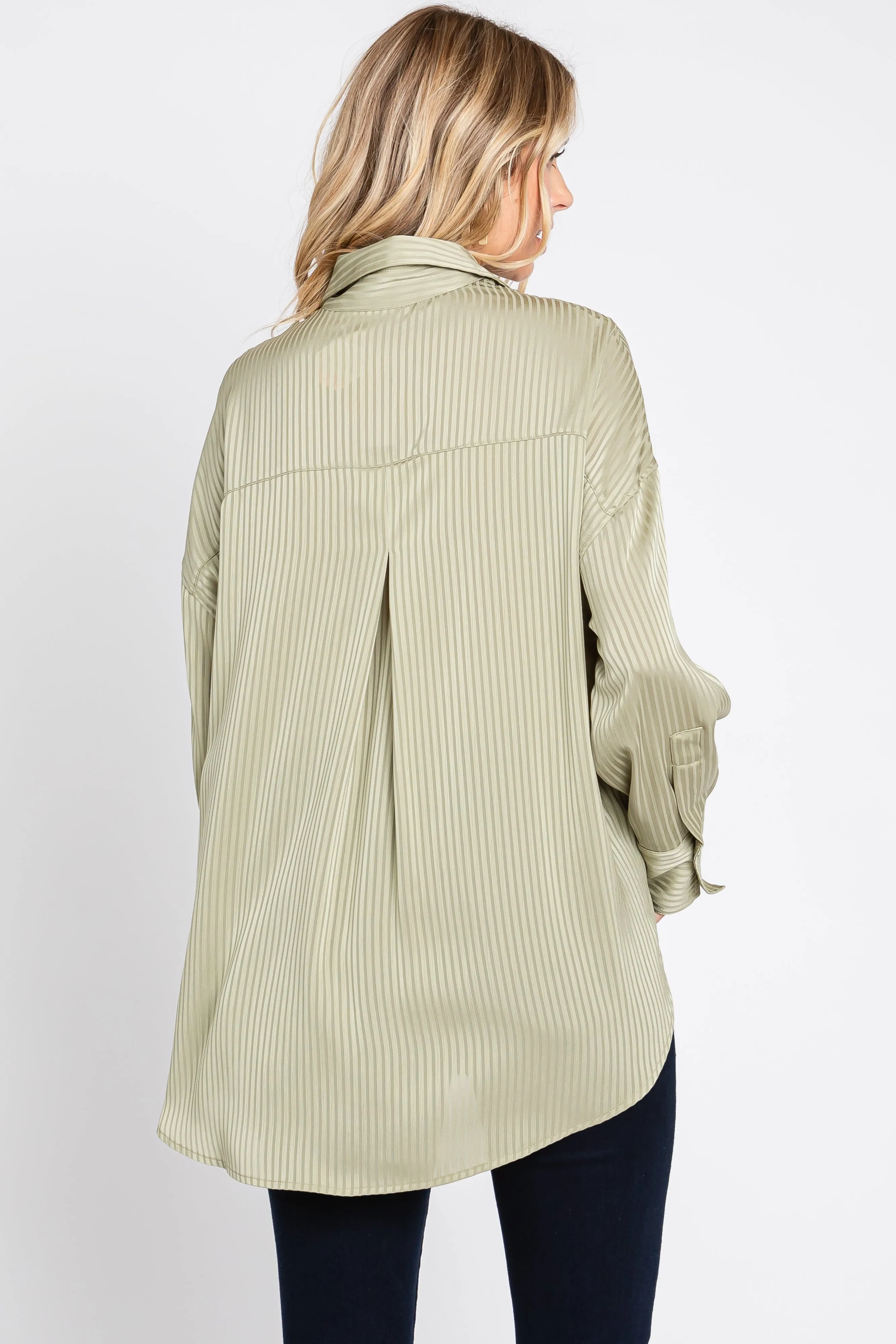 Light Olive Striped Silky Button Down Blouse sold by Pinkblush product image thumbnail 4