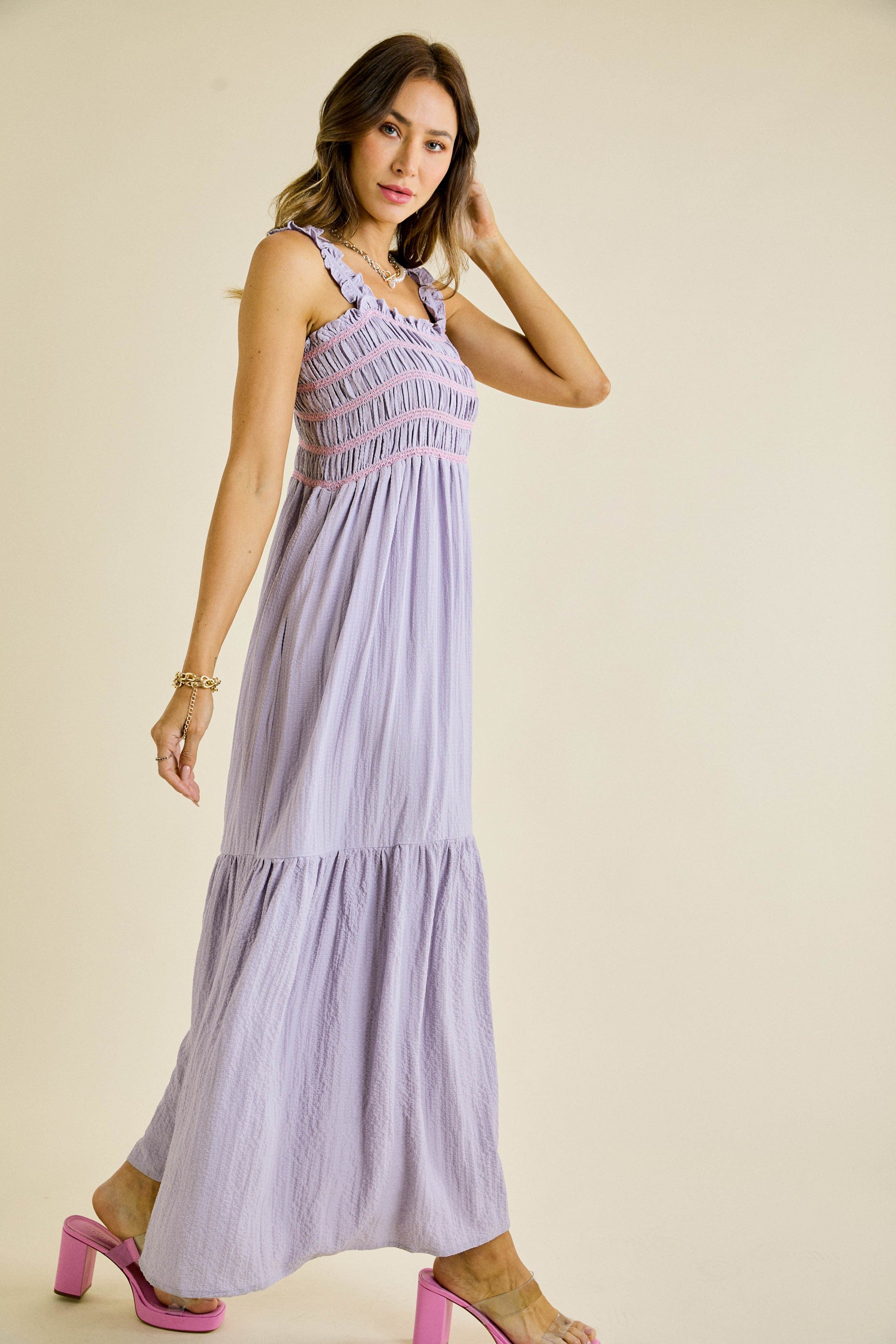 Lavender Smocked Embroidered Ruffle Strap Maxi Dress sold by Pinkblush product image thumbnail 2