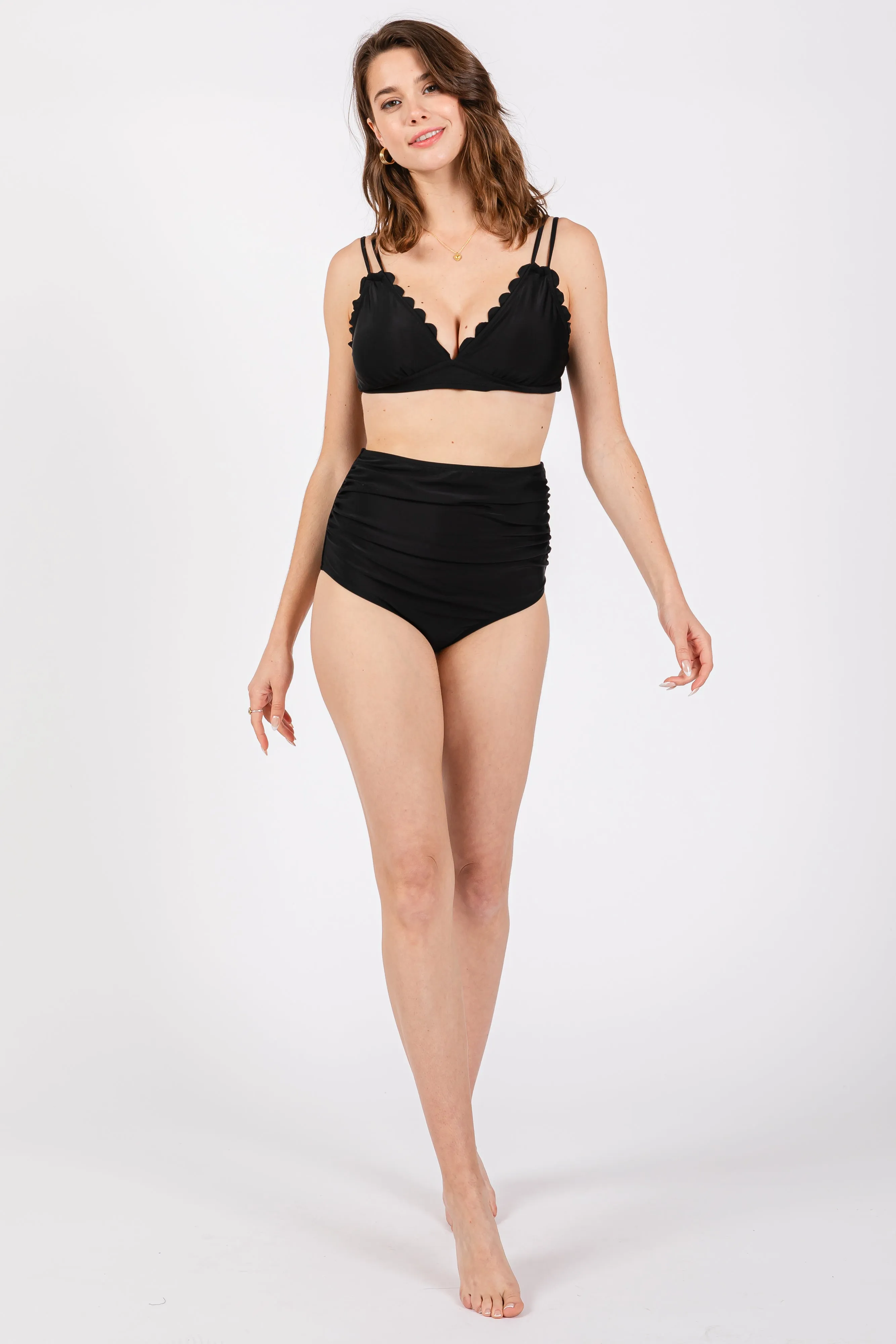 Black Scalloped V-Neck High Waist Two-Piece Swimsuit sold by Pinkblush product image thumbnail 3