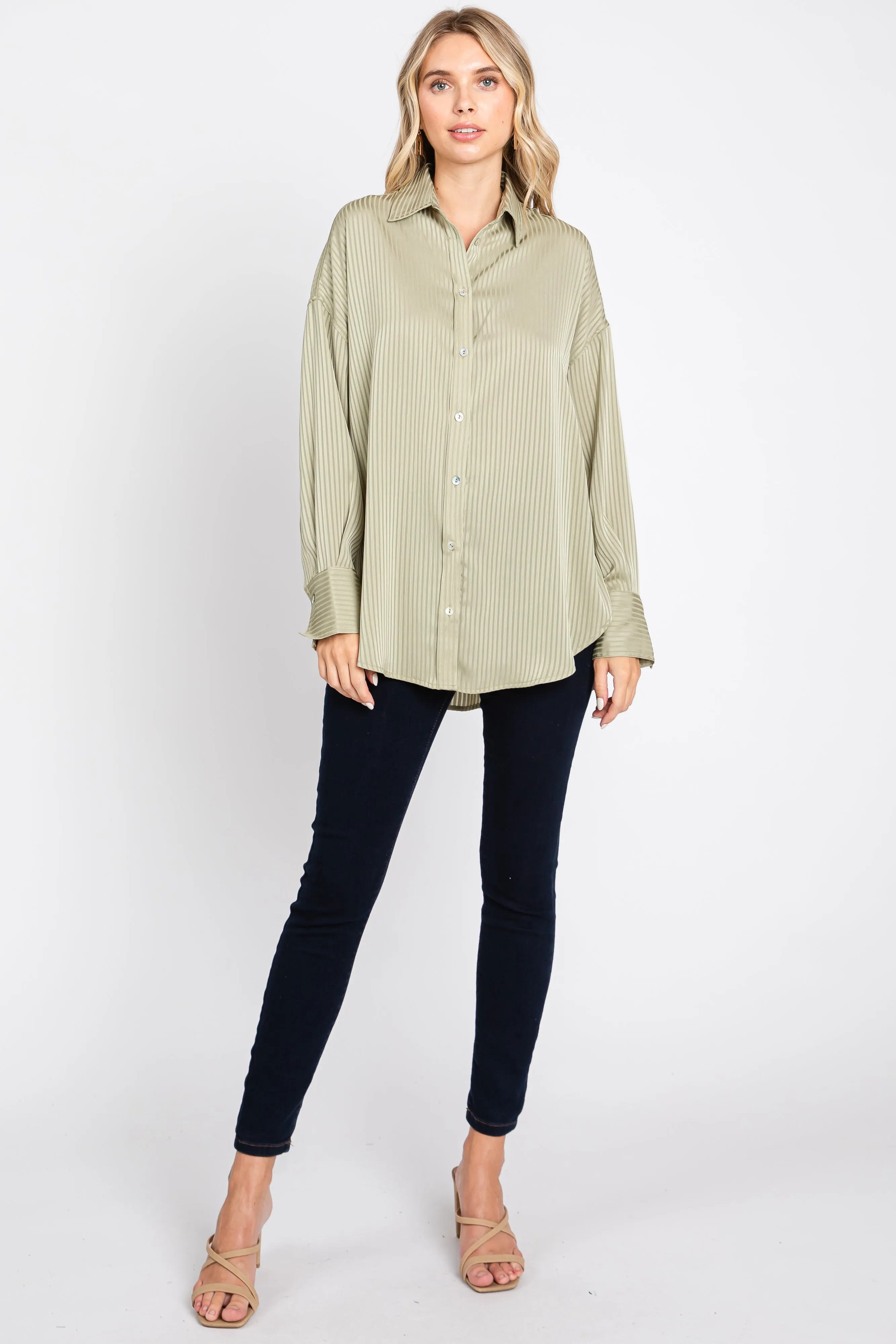 Light Olive Striped Silky Button Down Blouse sold by Pinkblush product image thumbnail 5