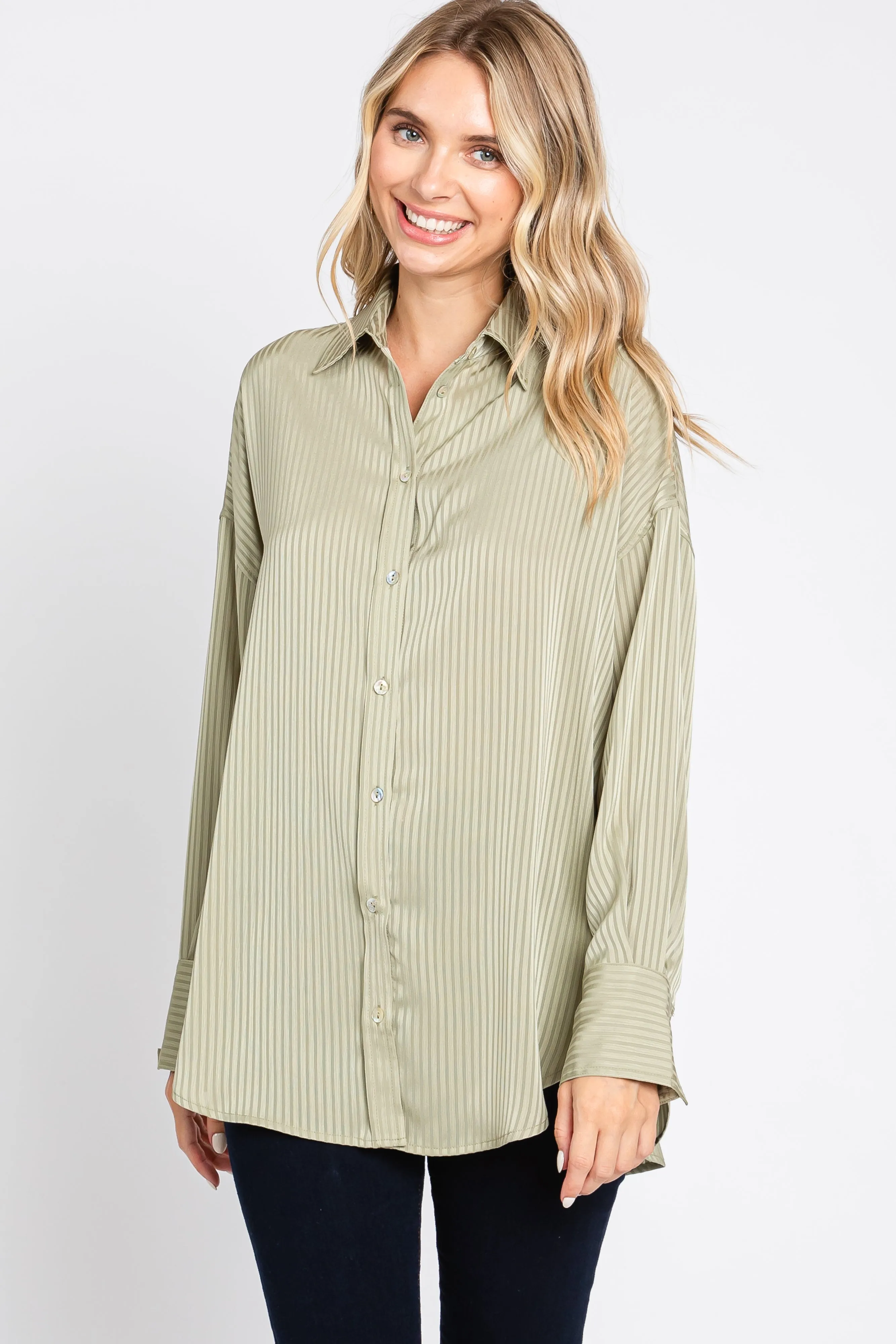 Light Olive Striped Silky Button Down Blouse sold by Pinkblush product image thumbnail 2