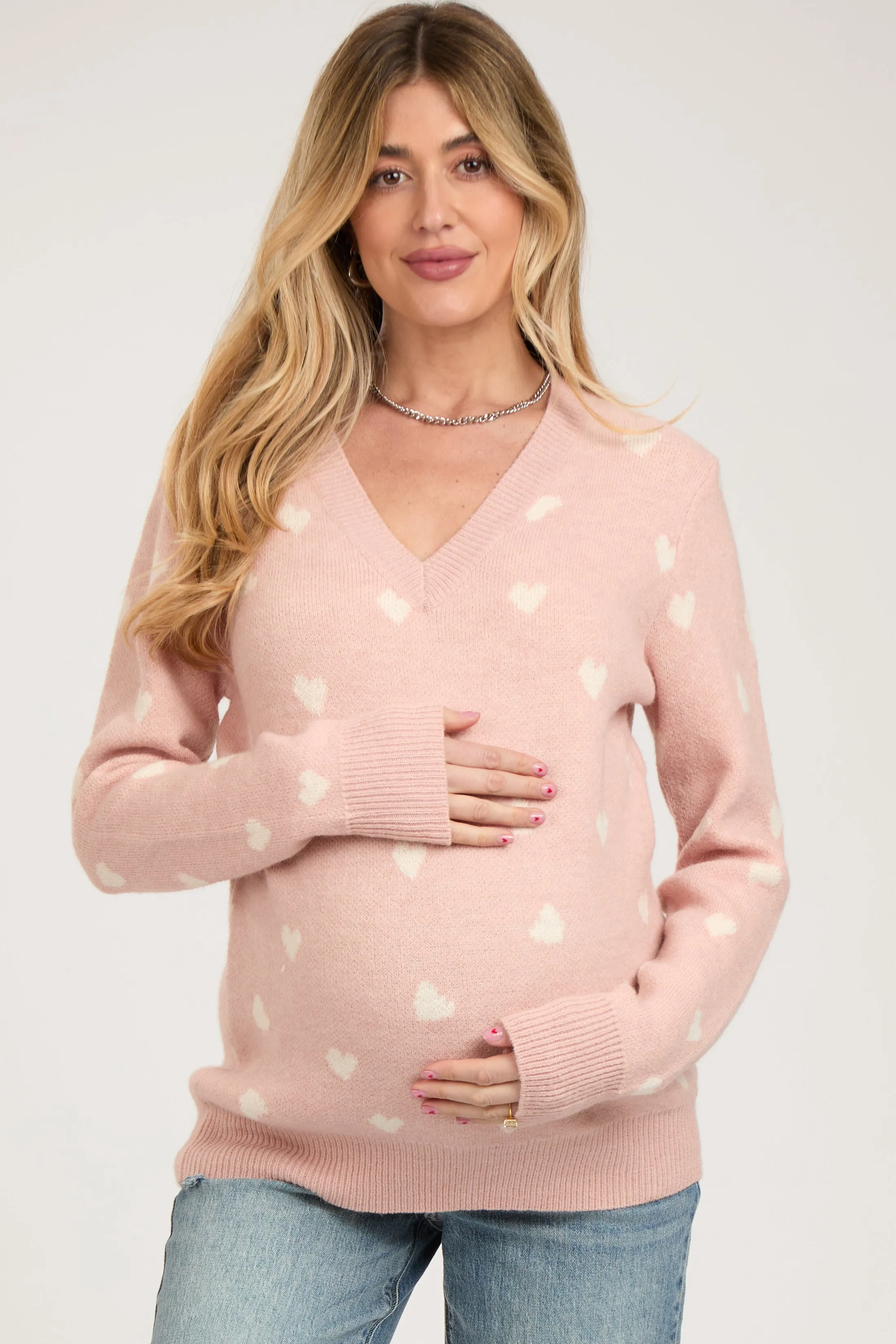 Light Pink Heart Print Knit Maternity Sweater sold by Pinkblush product image thumbnail 2