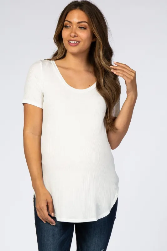 White Ribbed Rounded Hem Short Sleeve Maternity Top sold by Pinkblush