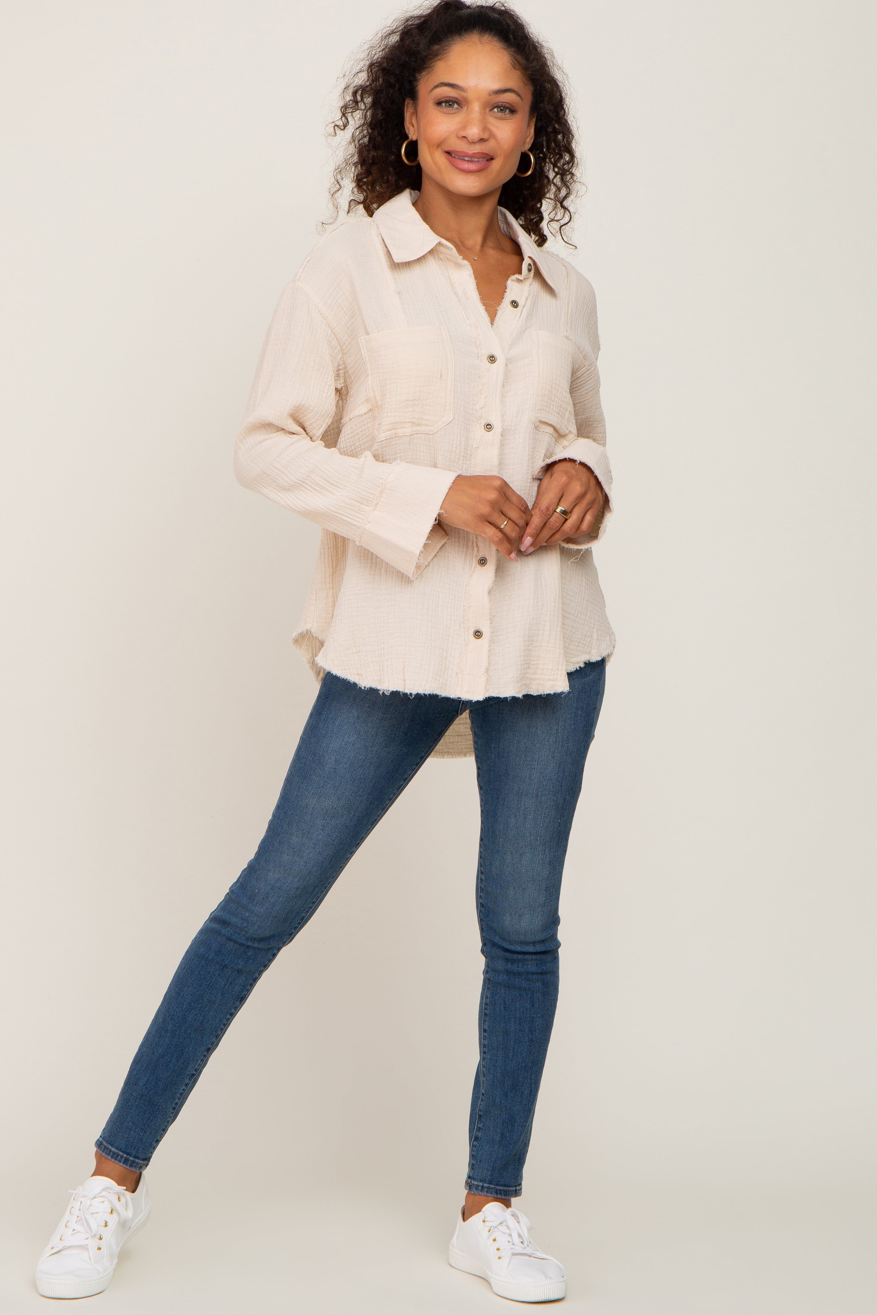 Cream Button Down Collared Frayed Top sold by Pinkblush product image thumbnail 4
