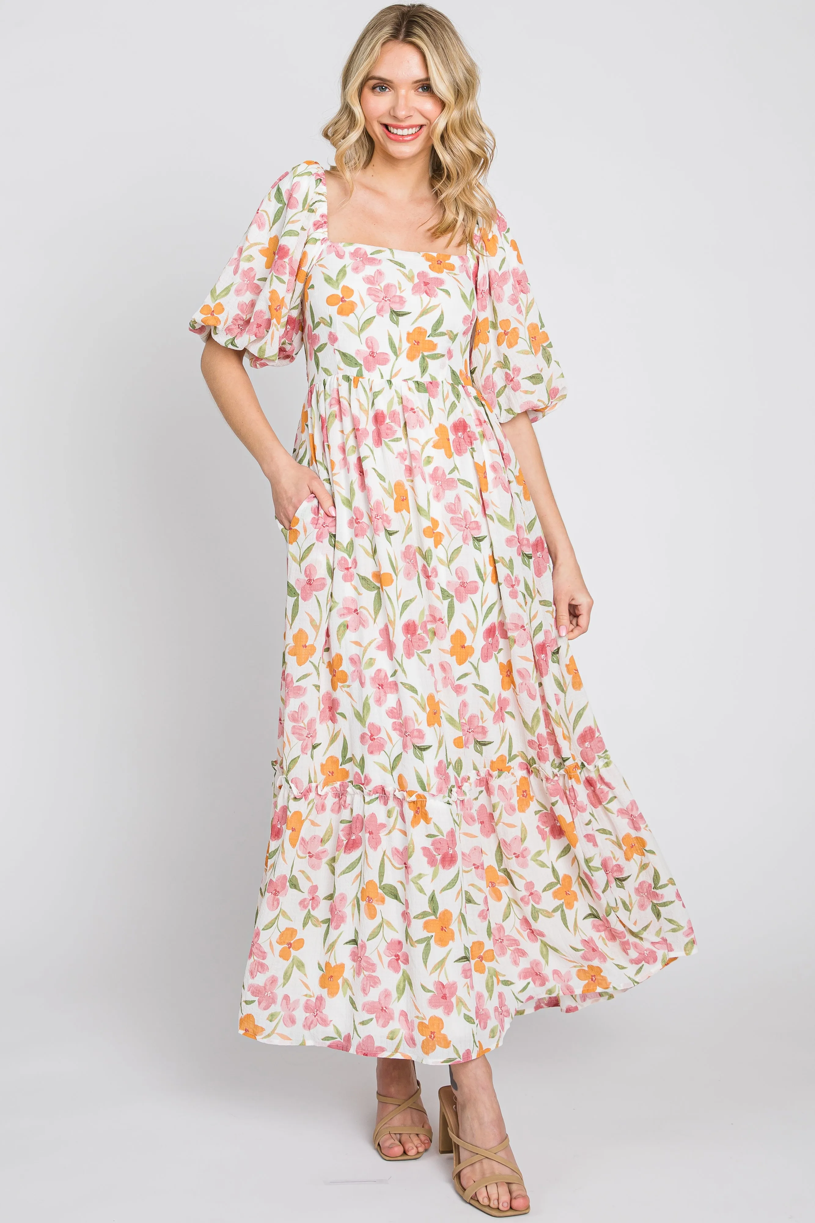 White Floral Puff Sleeve Maternity Maxi Dress sold by Pinkblush product image thumbnail 5
