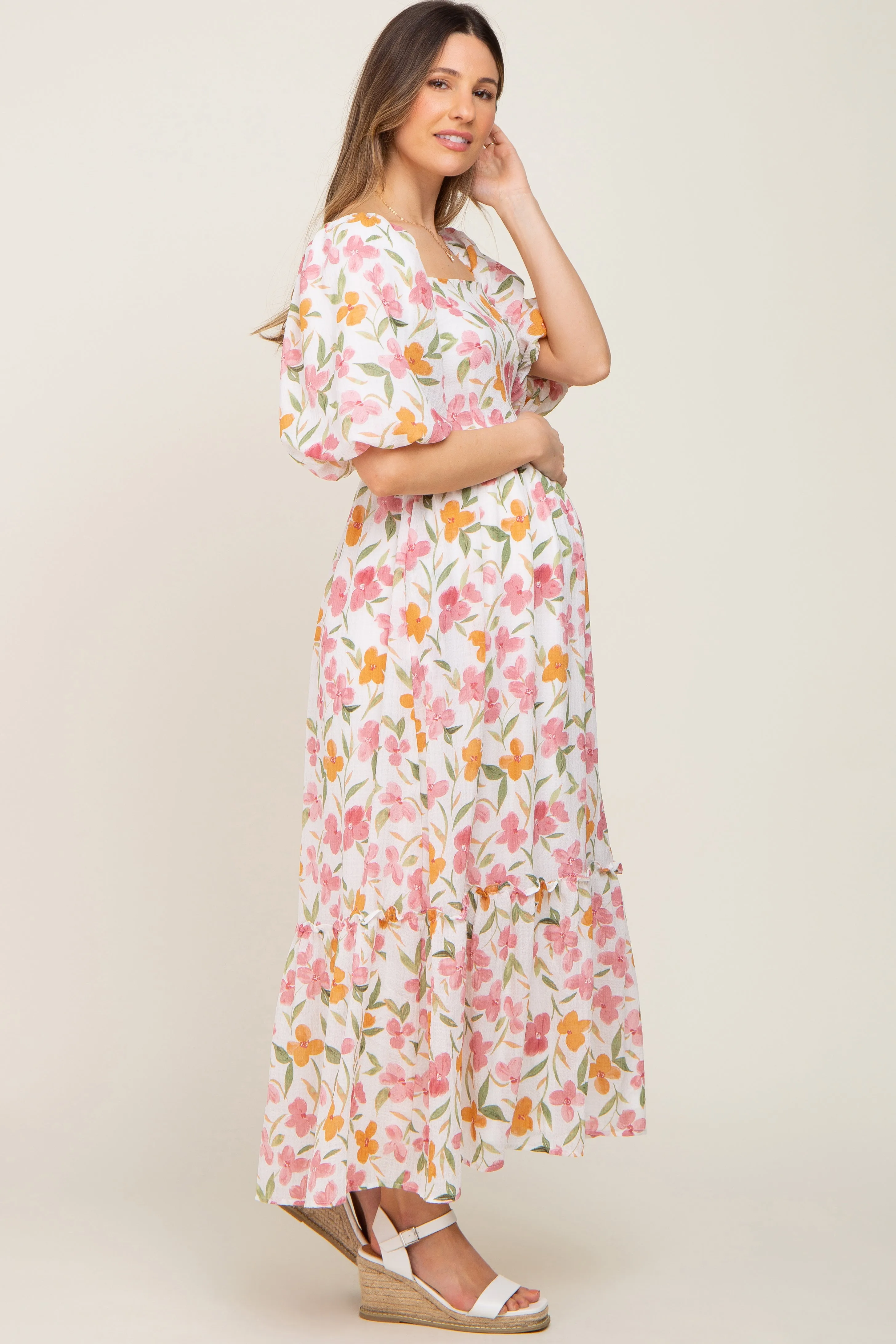 White Floral Puff Sleeve Maternity Maxi Dress sold by Pinkblush product image thumbnail 2