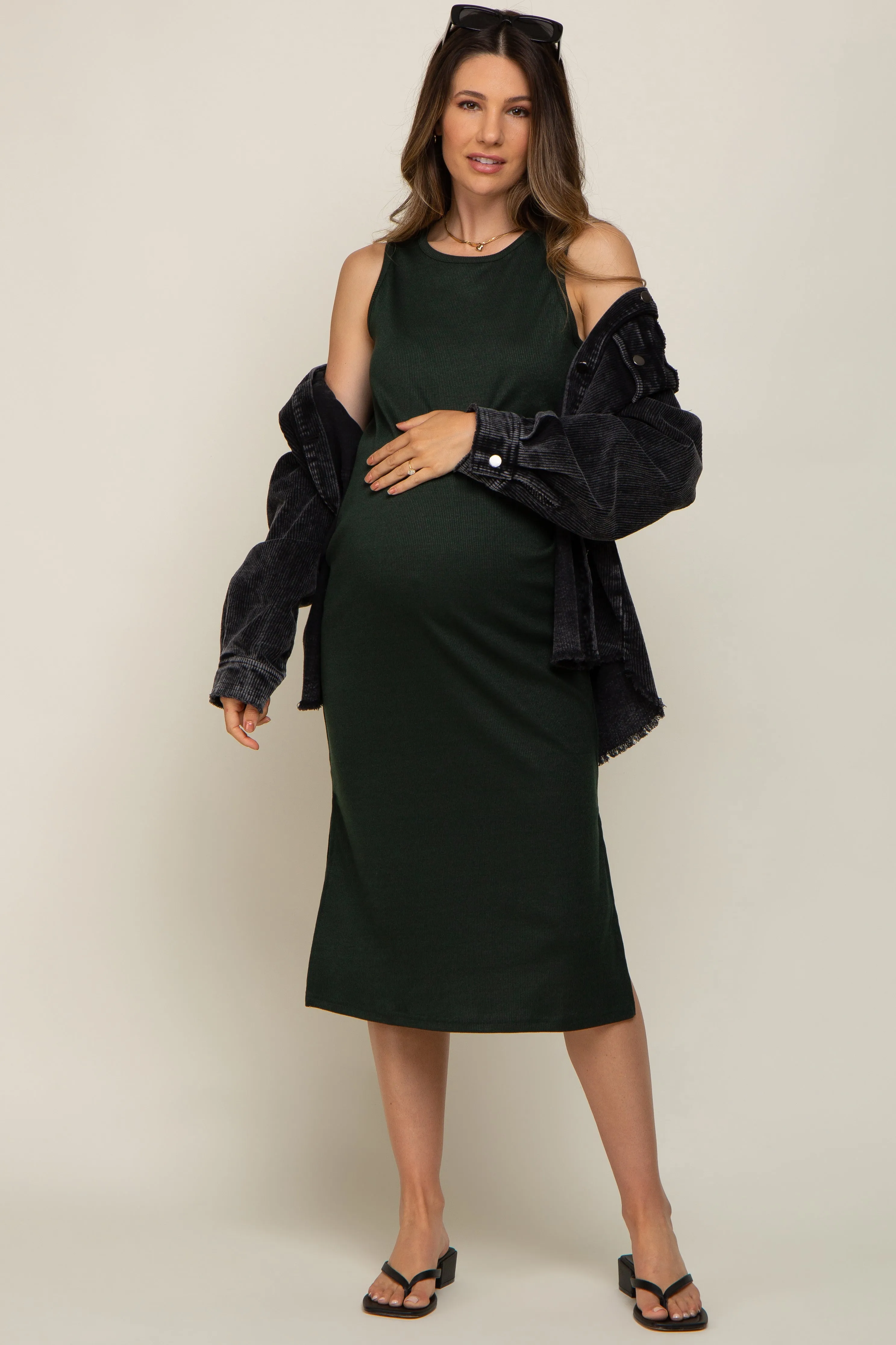 Forest Green Basic Ribbed Side Slit Maternity Midi Dress sold by Pinkblush product image thumbnail 5