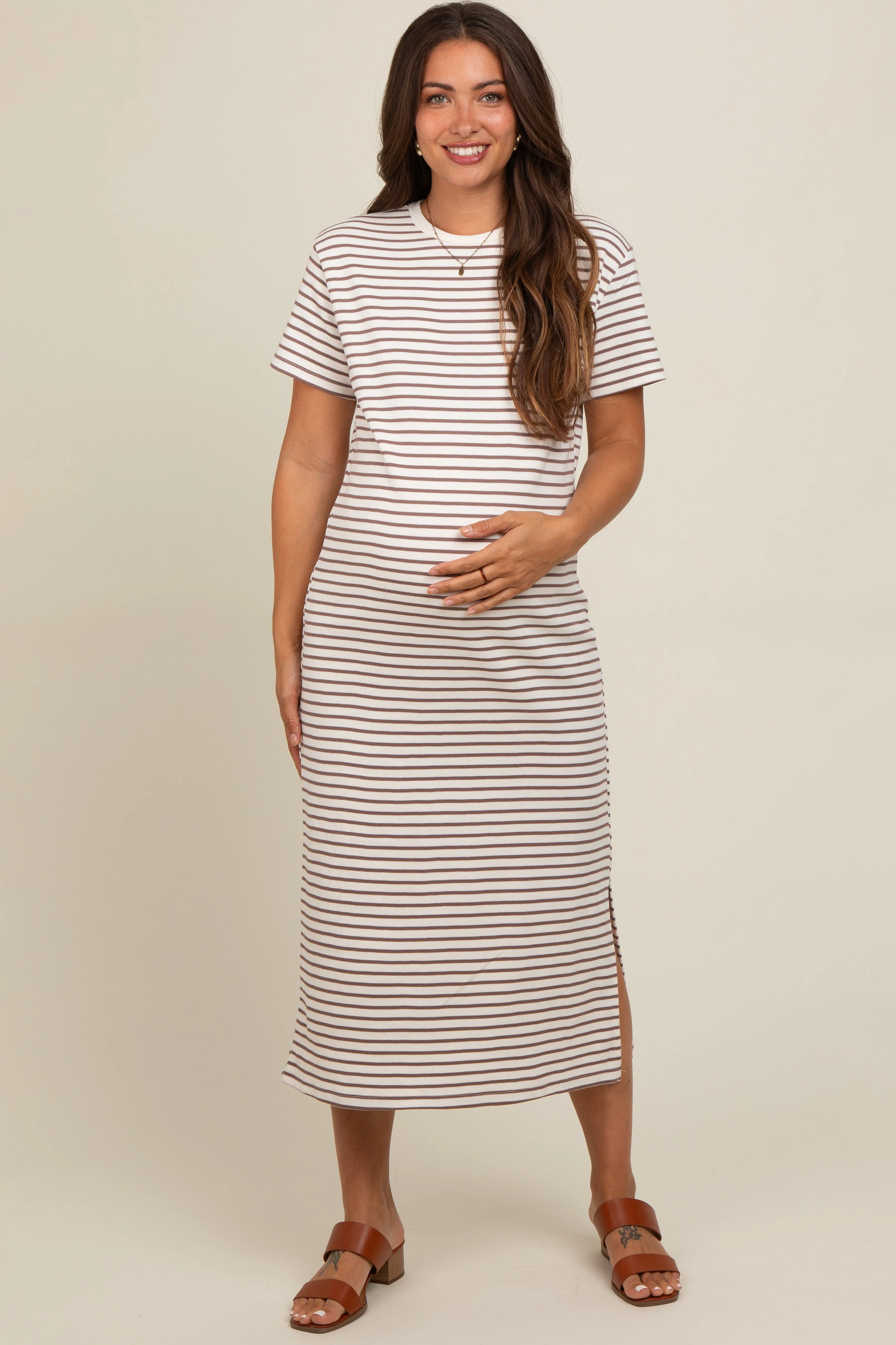 Cream Striped Short Sleeve Maternity T-Shirt Midi Dress sold by Pinkblush