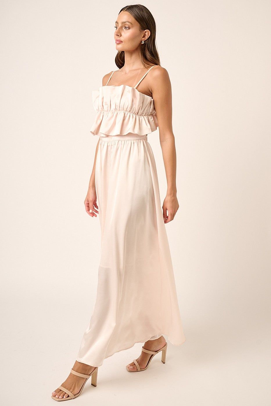Champagne Satin Ruffle Bust Back Tie Maxi Dress sold by Pinkblush product image thumbnail 2