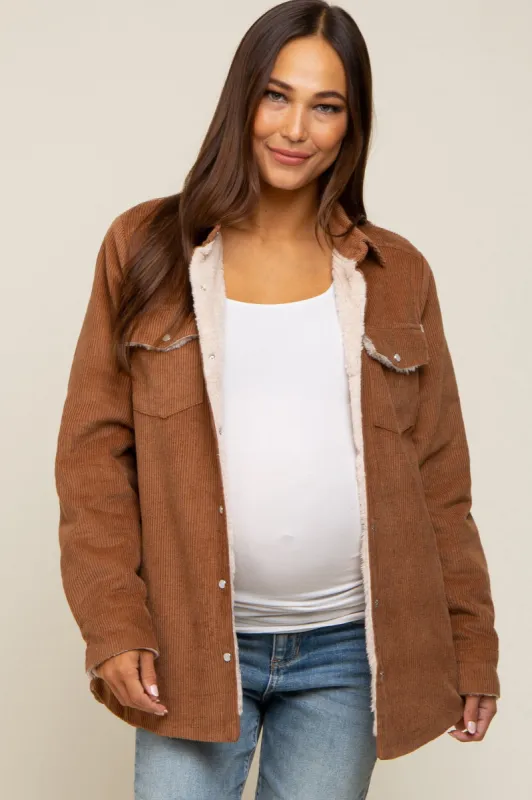 Camel Corduroy Fleece Lined Maternity Shacket sold by Pinkblush