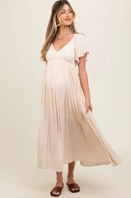 Cream V-Neck Flutter Short Sleeve Maternity Midi Dress sold by Pinkblush