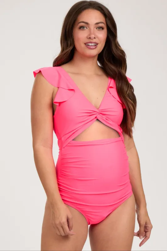 Coral Pink Cutout Flutter One Piece Maternity Swimsuit sold by Pinkblush