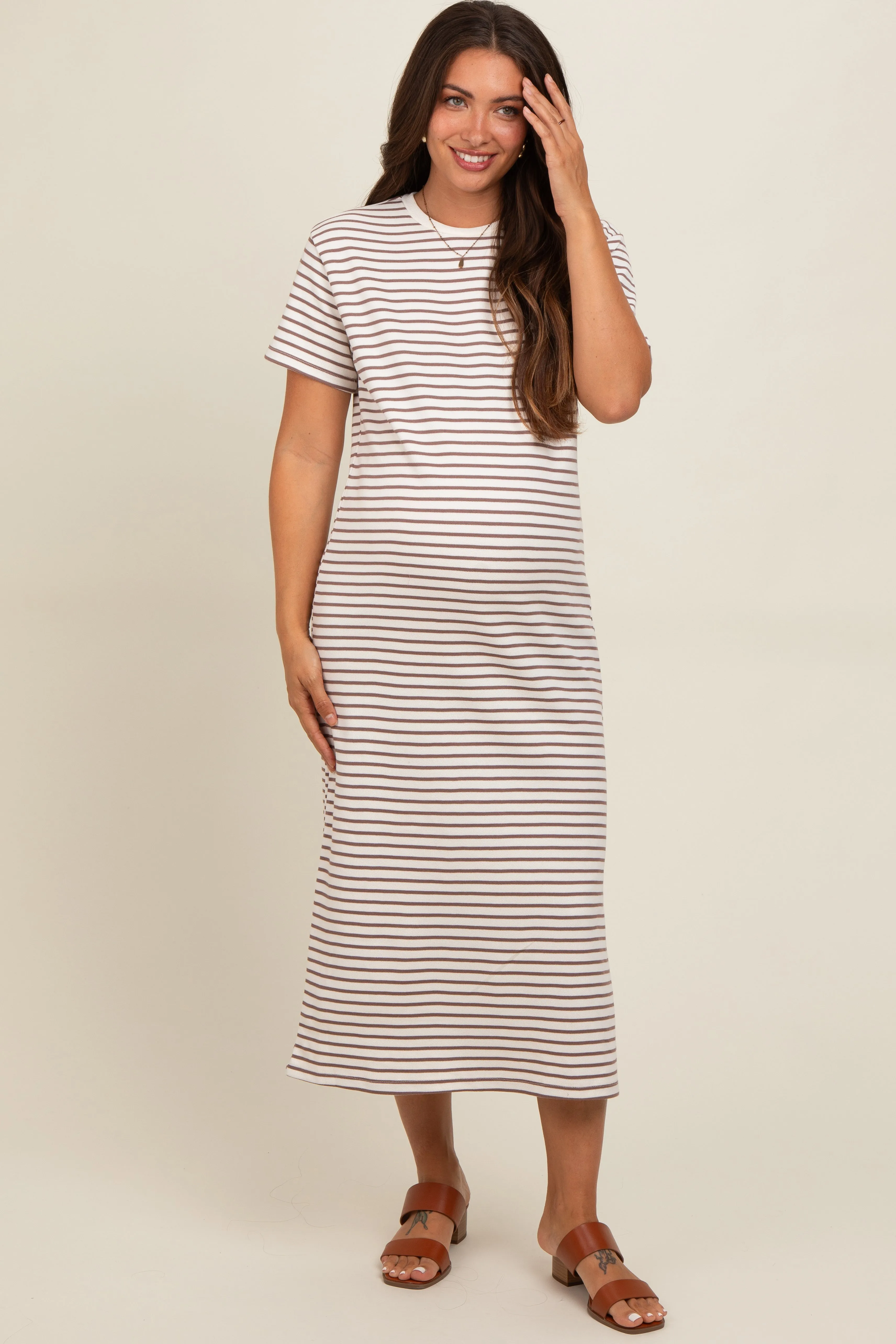 Cream Striped Short Sleeve Maternity T-Shirt Midi Dress sold by Pinkblush product image thumbnail 2