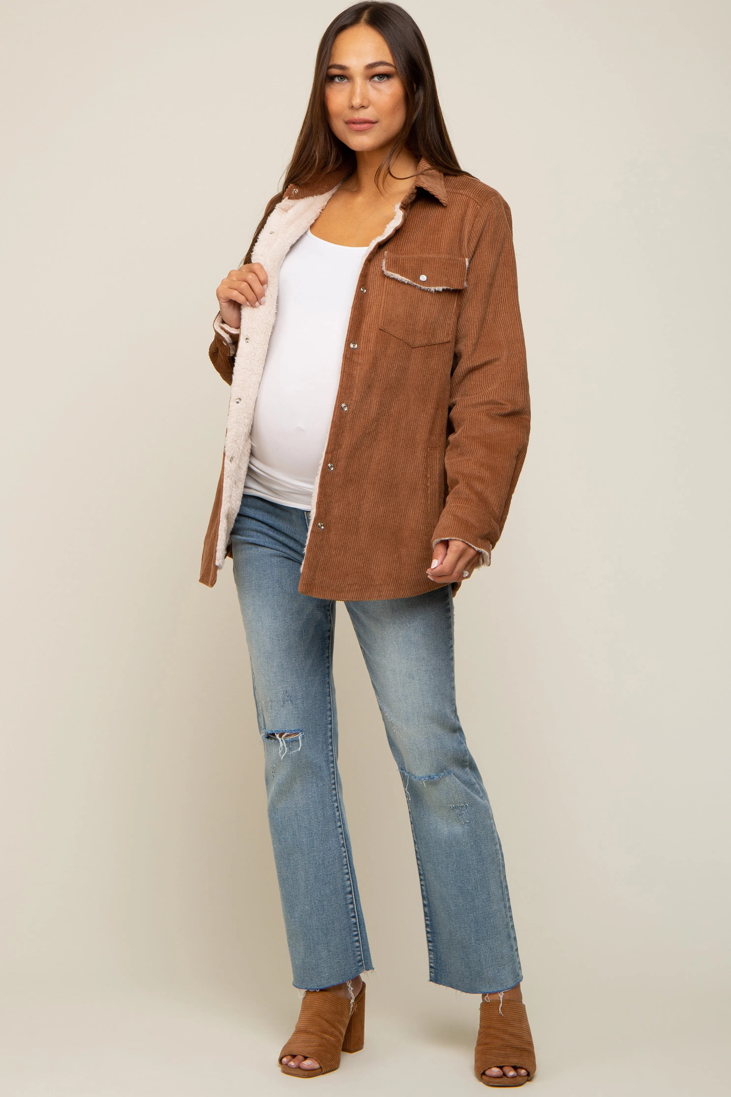 Camel Corduroy Fleece Lined Maternity Shacket sold by Pinkblush product image thumbnail 5