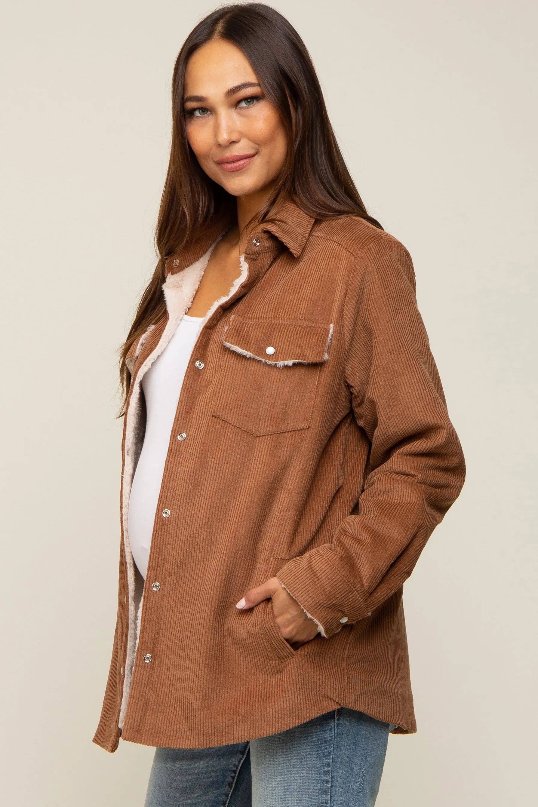 Camel Corduroy Fleece Lined Maternity Shacket sold by Pinkblush product image thumbnail 2