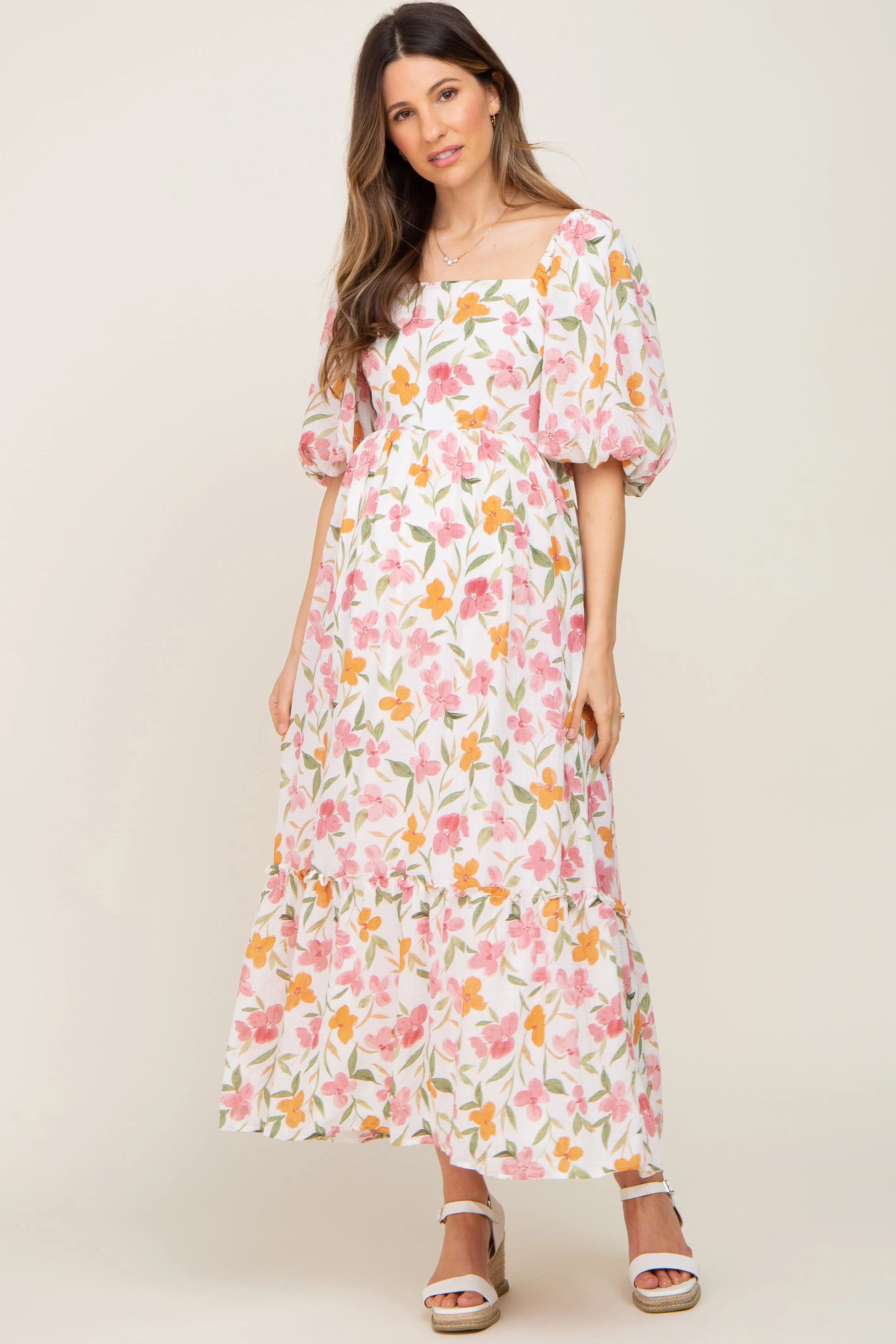 White Floral Puff Sleeve Maternity Maxi Dress sold by Pinkblush product image thumbnail 4