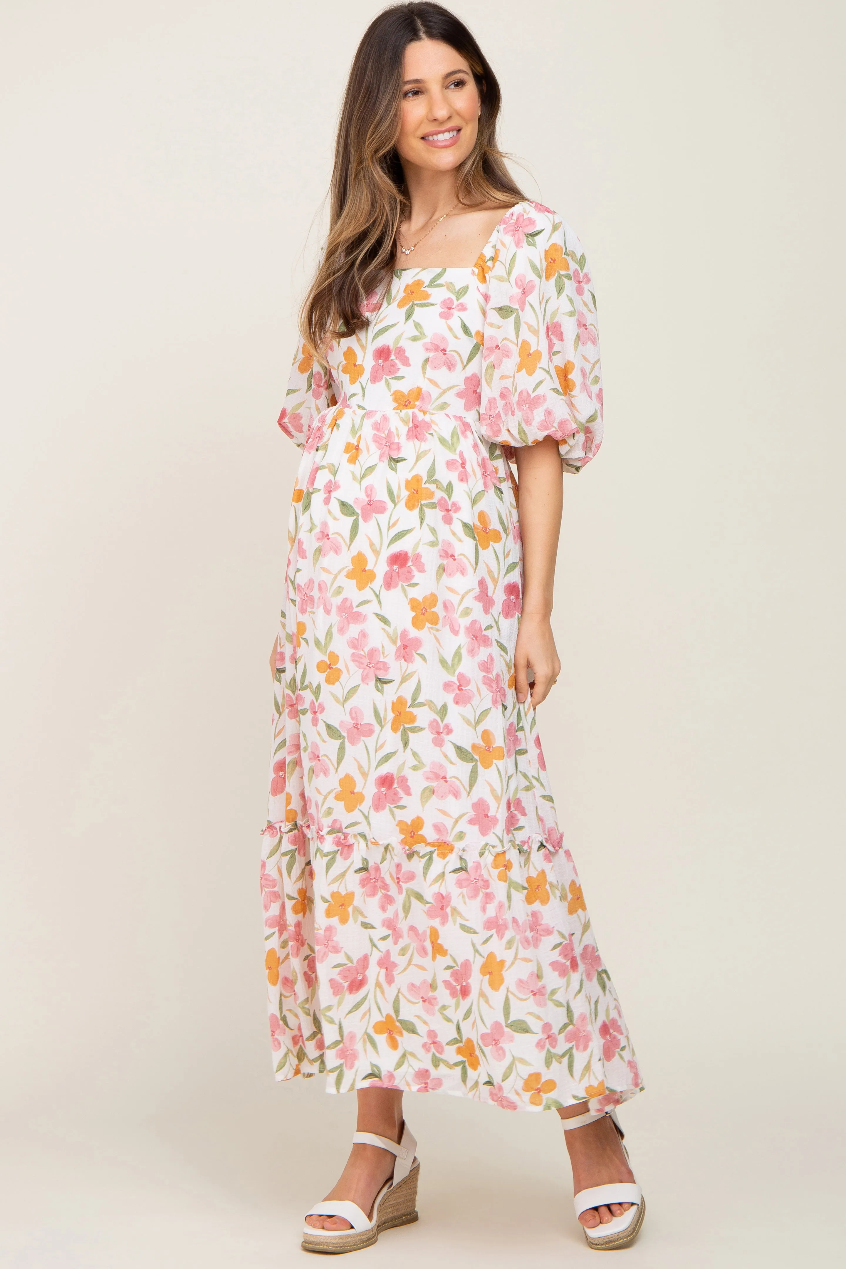 White Floral Puff Sleeve Maternity Maxi Dress sold by Pinkblush