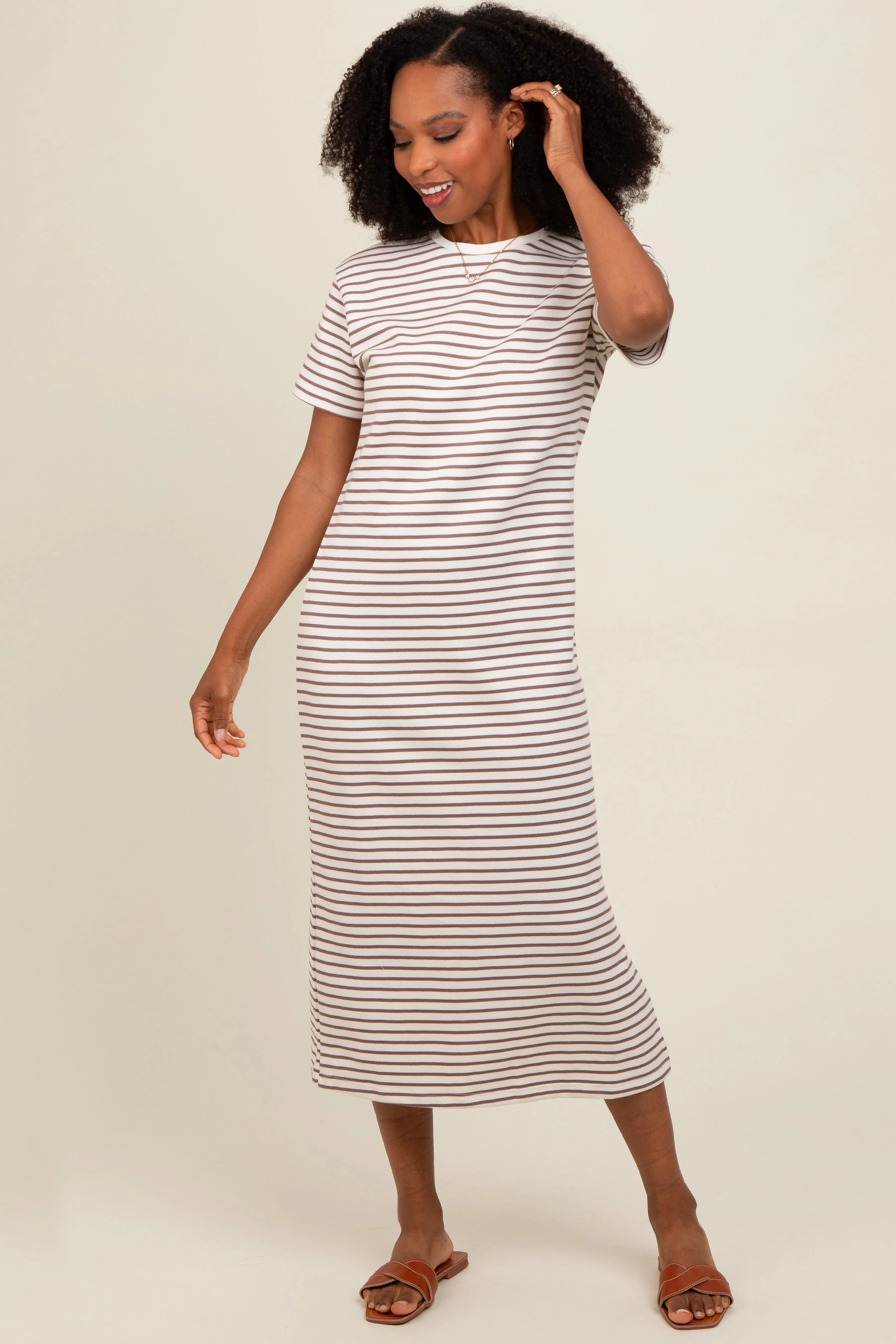 Cream Striped Short Sleeve Maternity T-Shirt Midi Dress sold by Pinkblush product image thumbnail 5