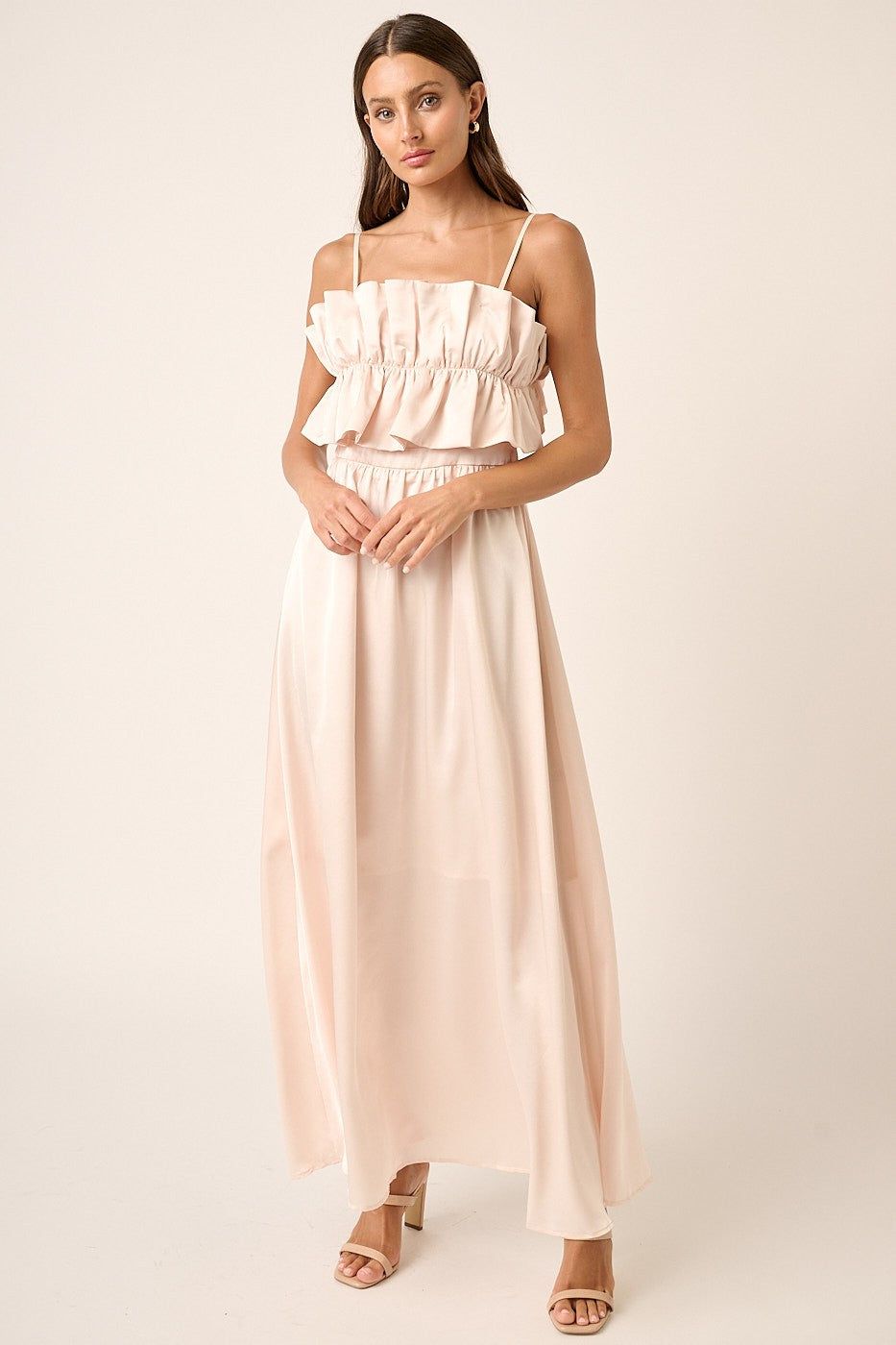 Champagne Satin Ruffle Bust Back Tie Maxi Dress sold by Pinkblush