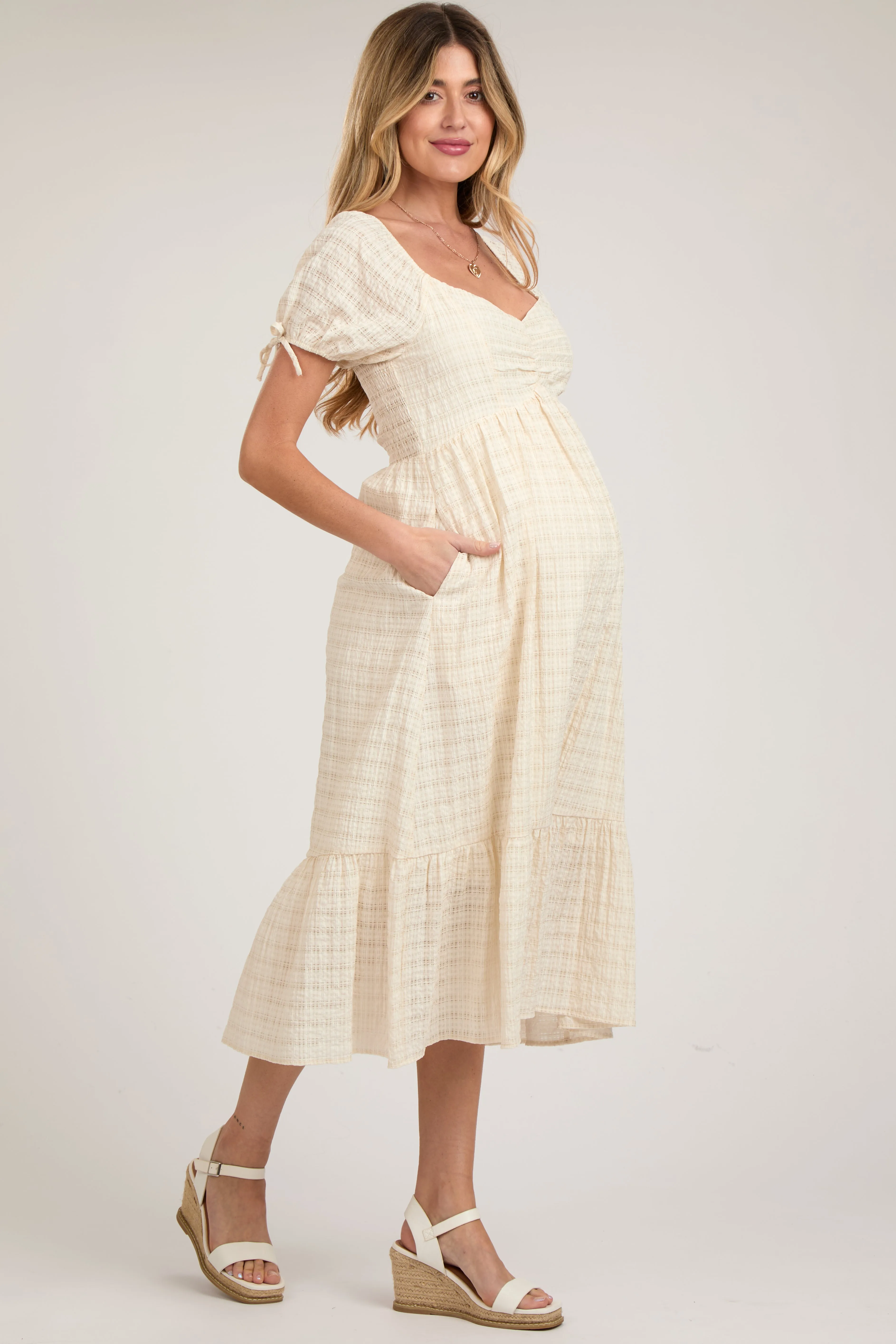 Ivory Textured Plaid Puff Short Sleeve Maternity Midi Dress sold by Pinkblush product image thumbnail 2