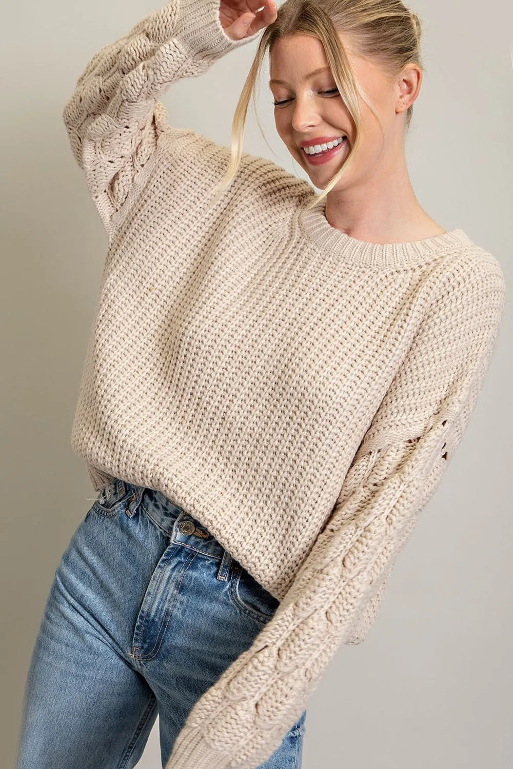 Beige Cable Knit Sleeve Sweater sold by Pinkblush product image thumbnail 2