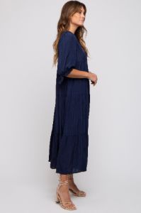 Navy Blue Striped Tiered Midi Dress sold by Pinkblush