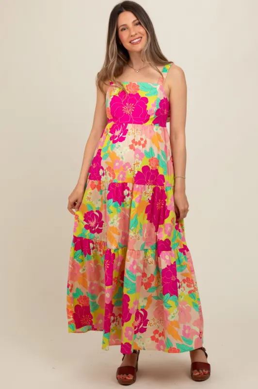 Lime Multi-Color Floral Tiered Cutout Back Maternity Dress sold by Pinkblush