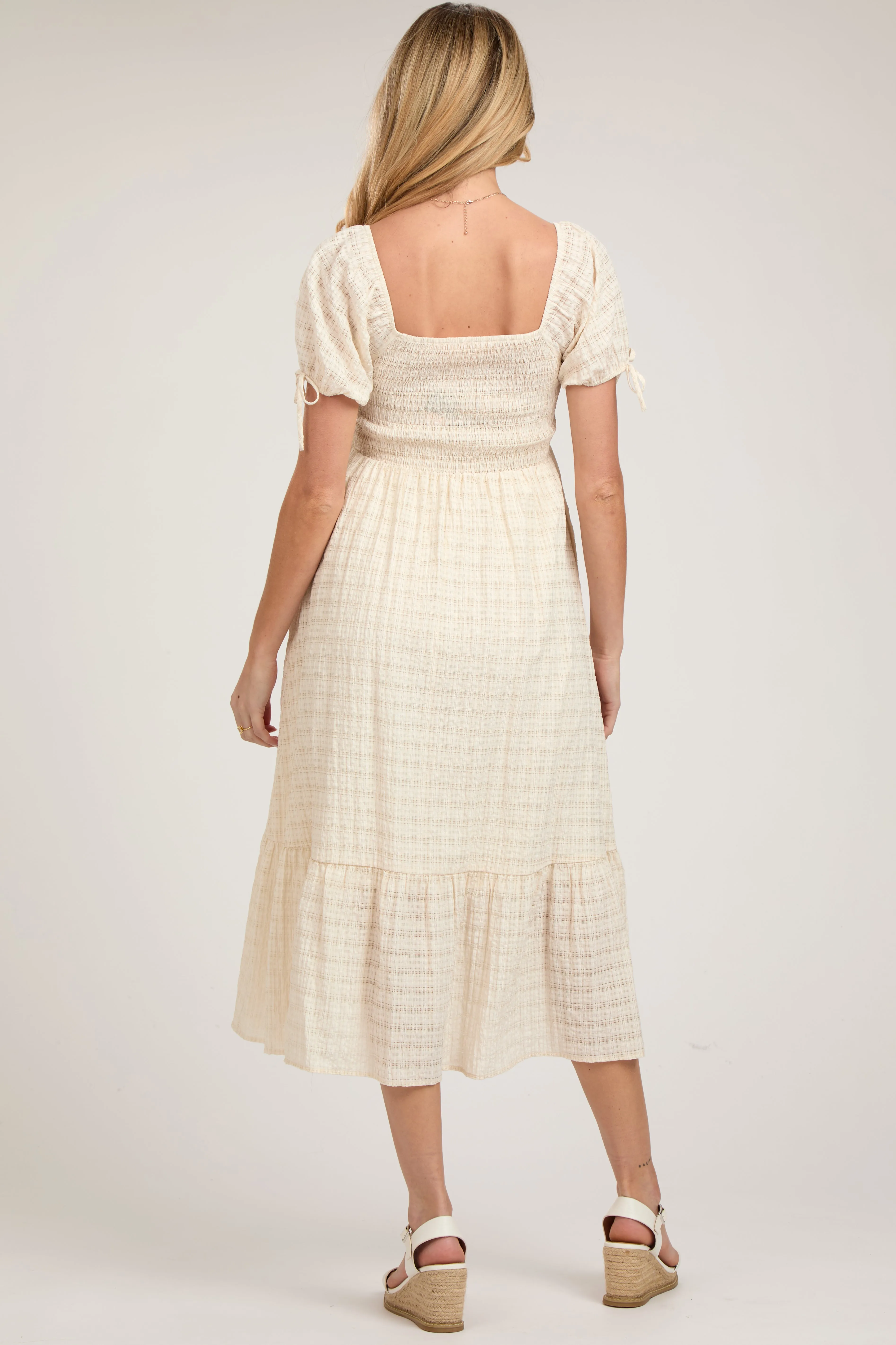 Ivory Textured Plaid Puff Short Sleeve Maternity Midi Dress sold by Pinkblush product image thumbnail 3