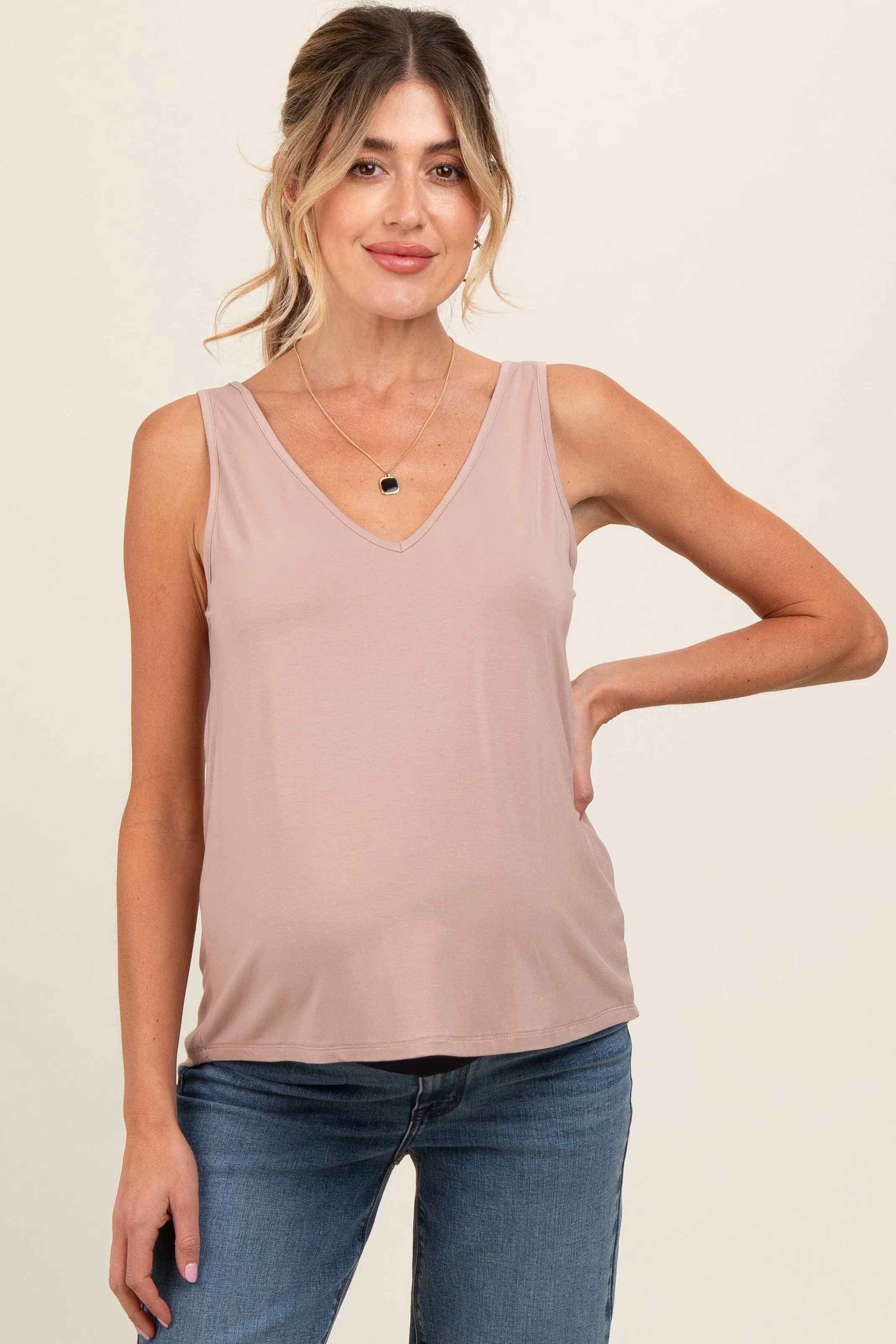 Mocha V-Neck Maternity Tank Top sold by Pinkblush